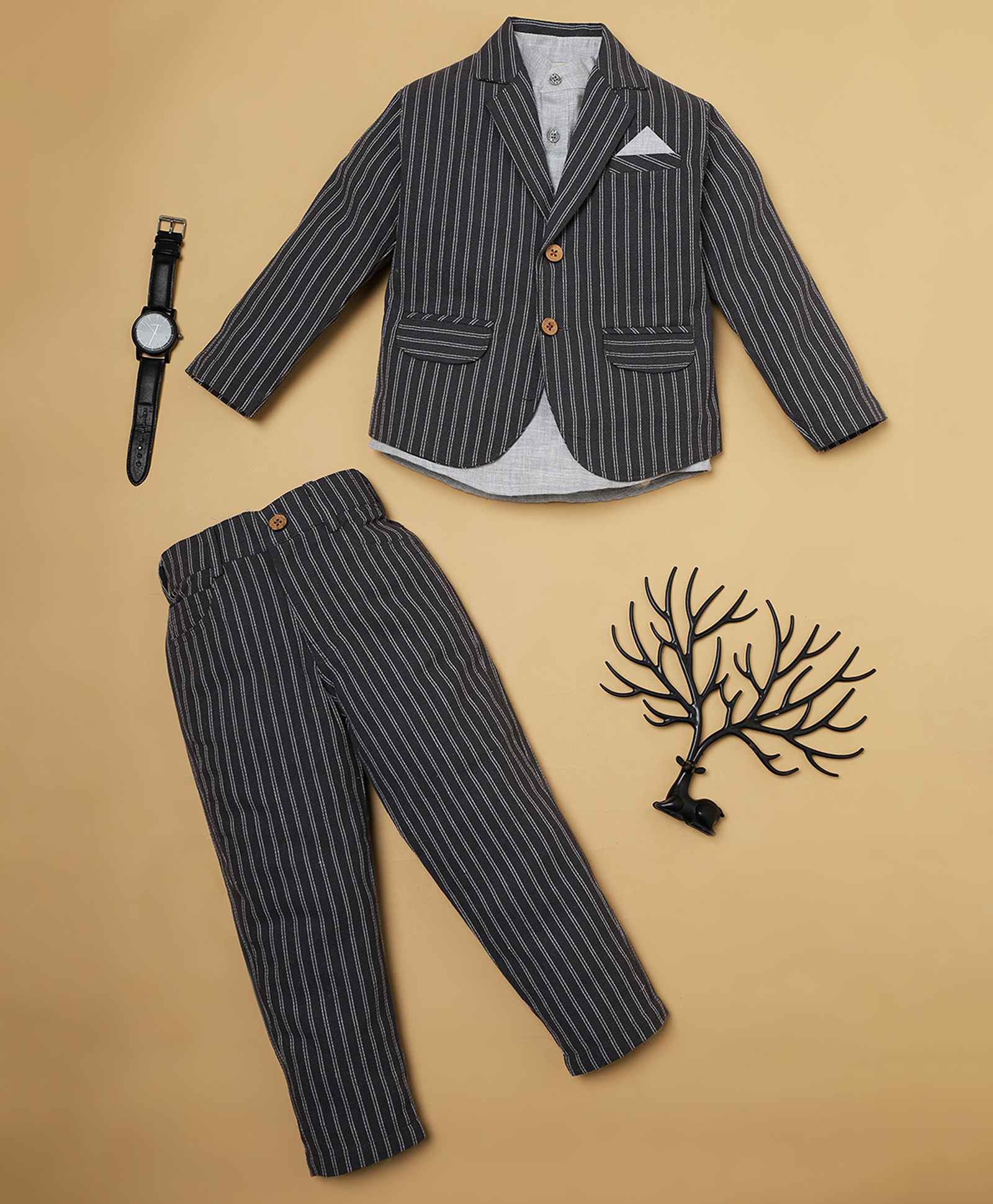 Rikidoos Textured Kurta Style Shirt & Trousers With Full Sleeves Striped Blazer Set - Dark Grey-picture-3