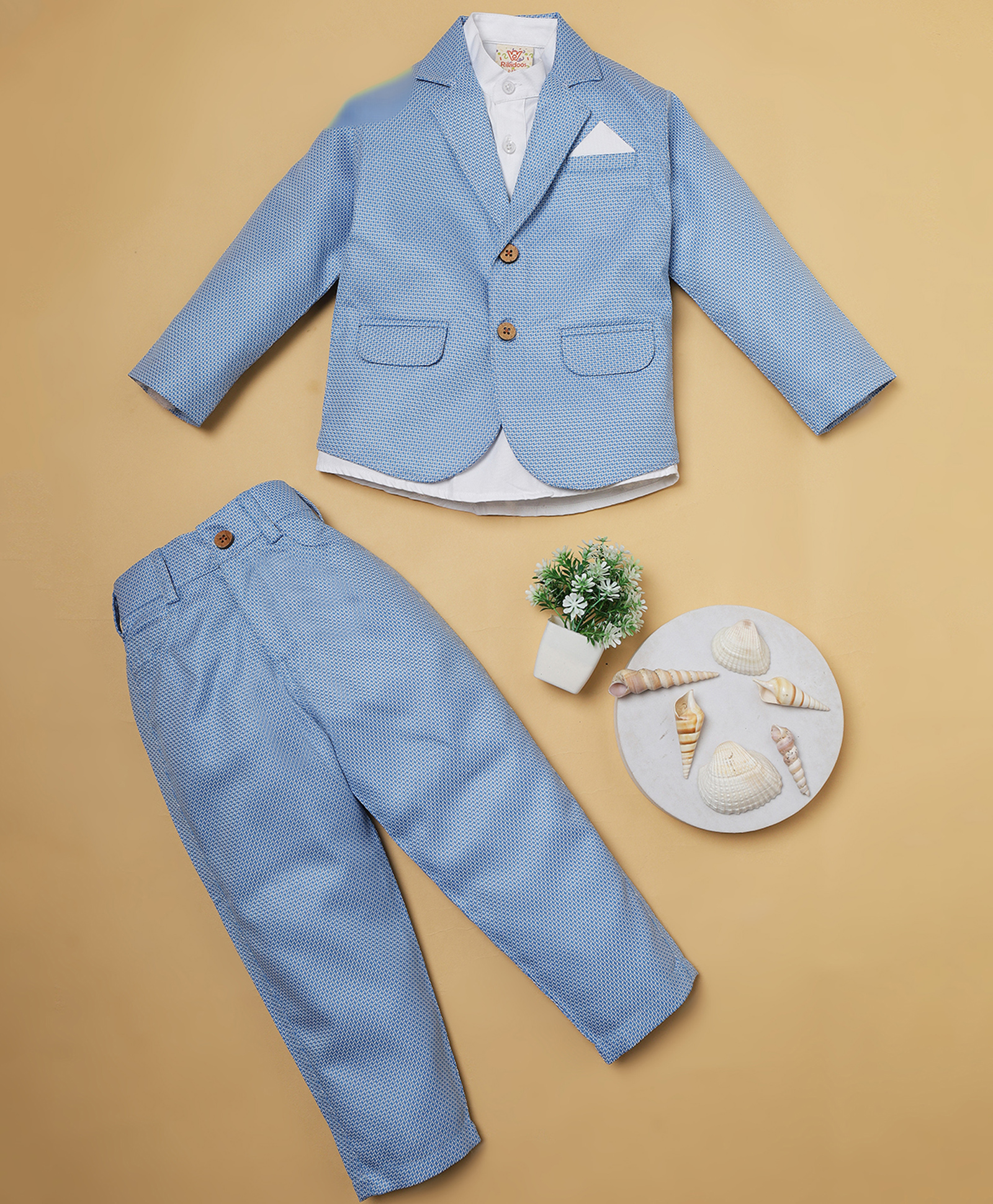 Rikidoos Solid Kurta Style Shirt & Trousers With Full Sleeves Textured Blazer Set - Blue & White-picture-36