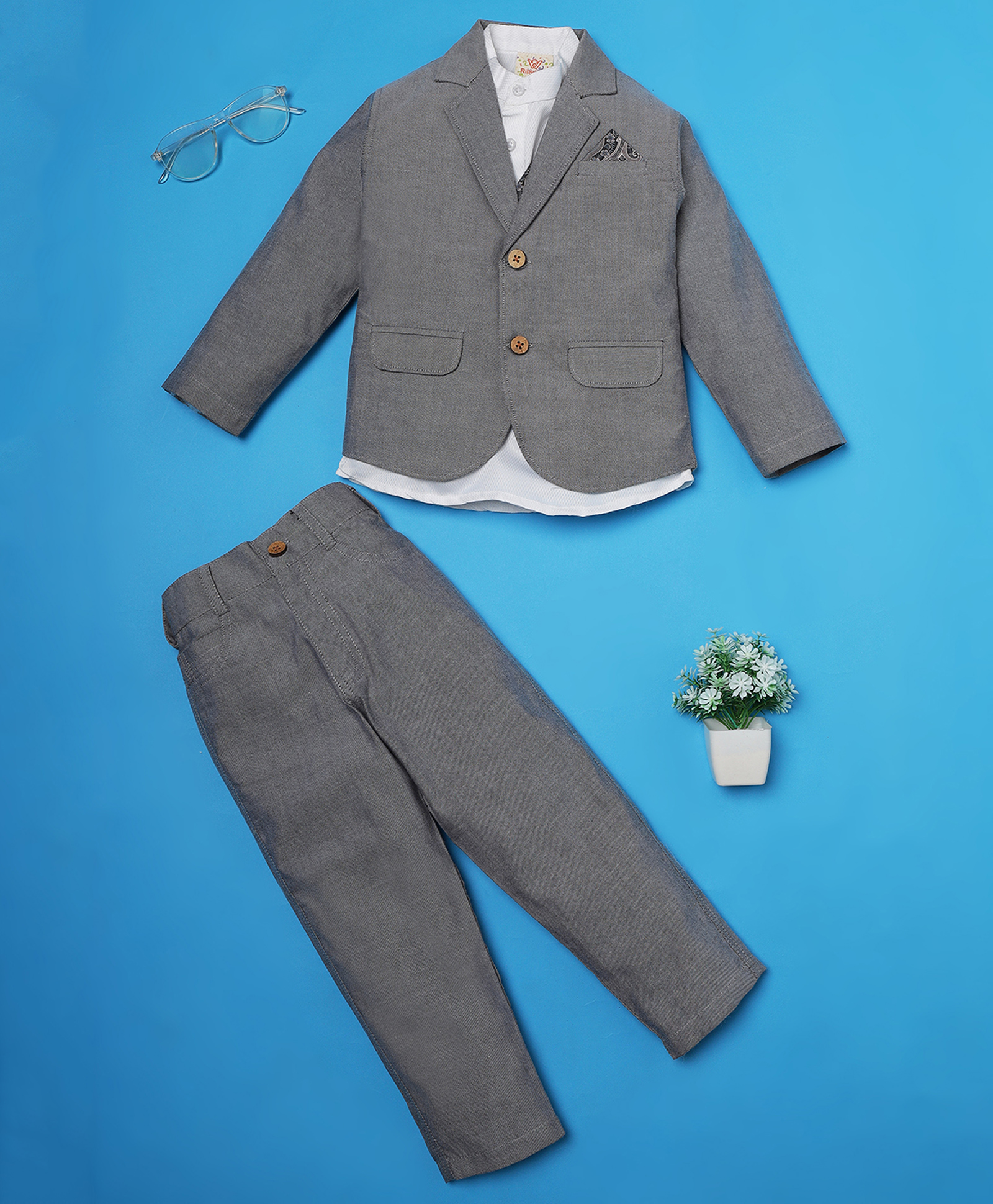 Rikidoos Solid Kurta Style Shirt & Trousers With Waistcoat & Full Sleeves Blazer Set - Grey & White-picture-13
