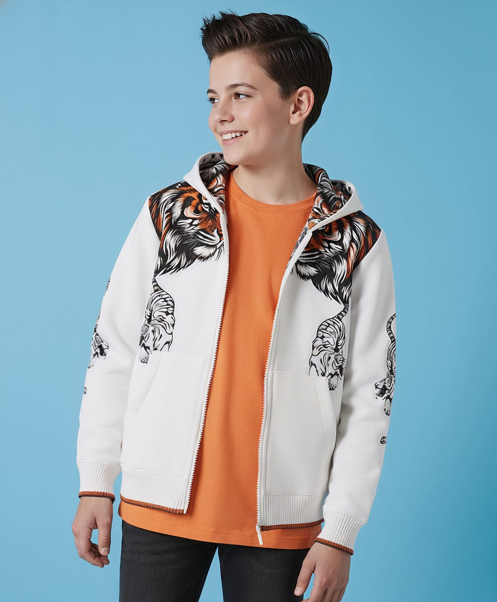 Pine Kids Knit Full Sleeves Hooded Sweatjacket With Animal Print & Kangaroo Pockets - White-picture-19