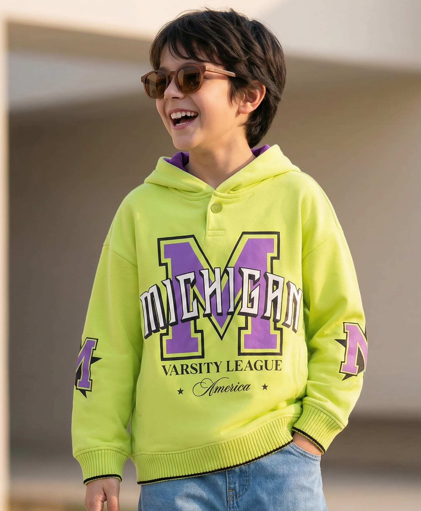 Pine Kids Knit Full Sleeves Hooded Sweatshirt With Michigan Text Print - Lime Green-picture-35