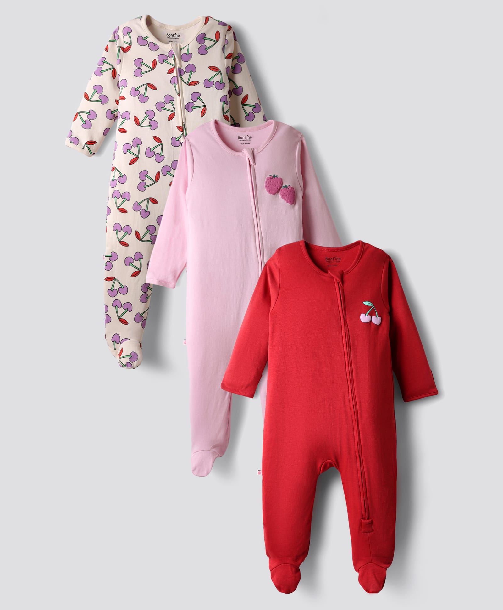 Bonfino 100% Cotton Knit Full Sleeves Front Open Footed Night Suits with Fruit Print Pack of 3 - Red Ivory & Light Pink-picture-34