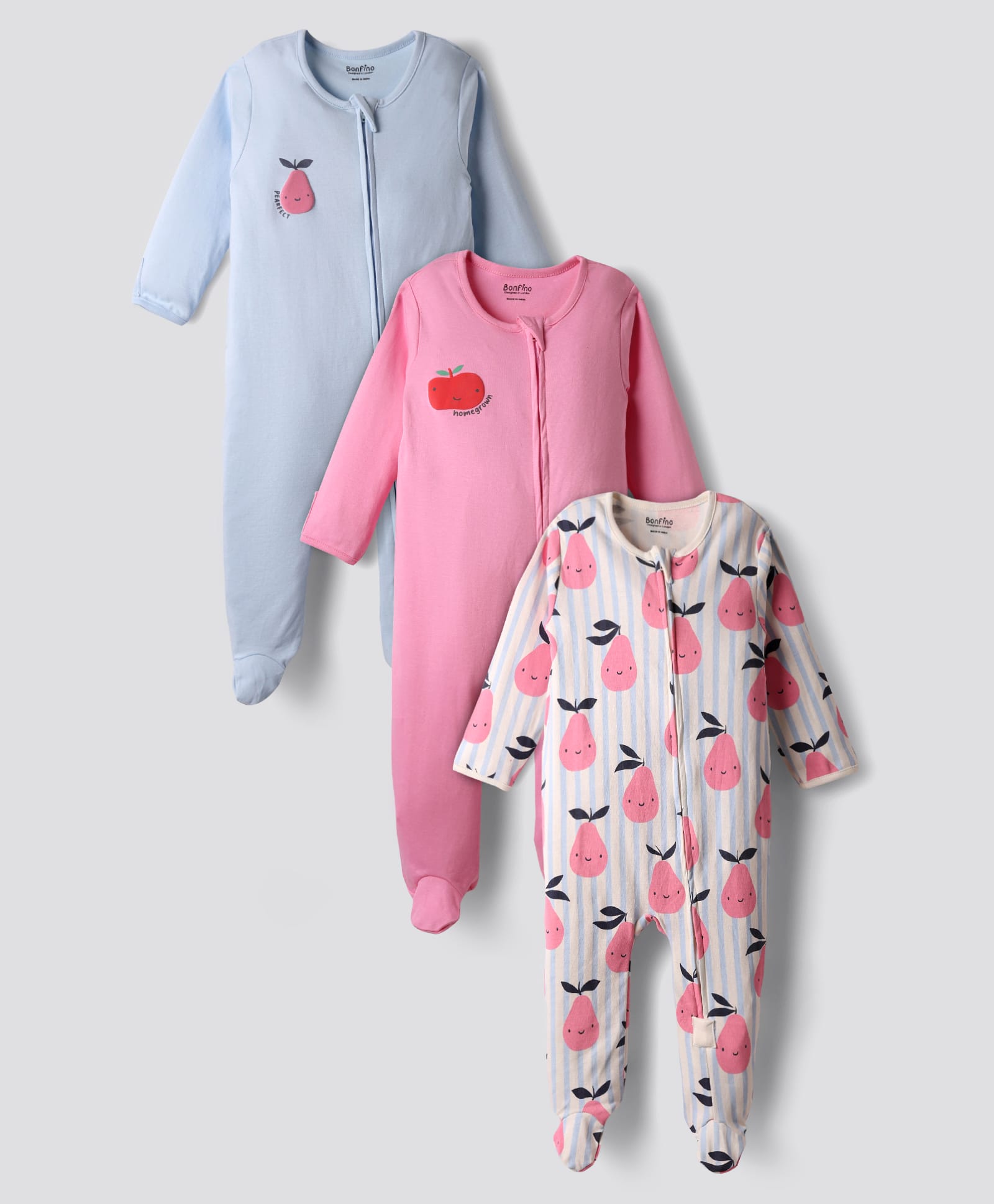 Bonfino 100% Cotton Knit Full Sleeves Front Open Footed Night Suits with Fruit Print & Stripes Pack of 3 - Ivory Light Blue & Pink-picture-29
