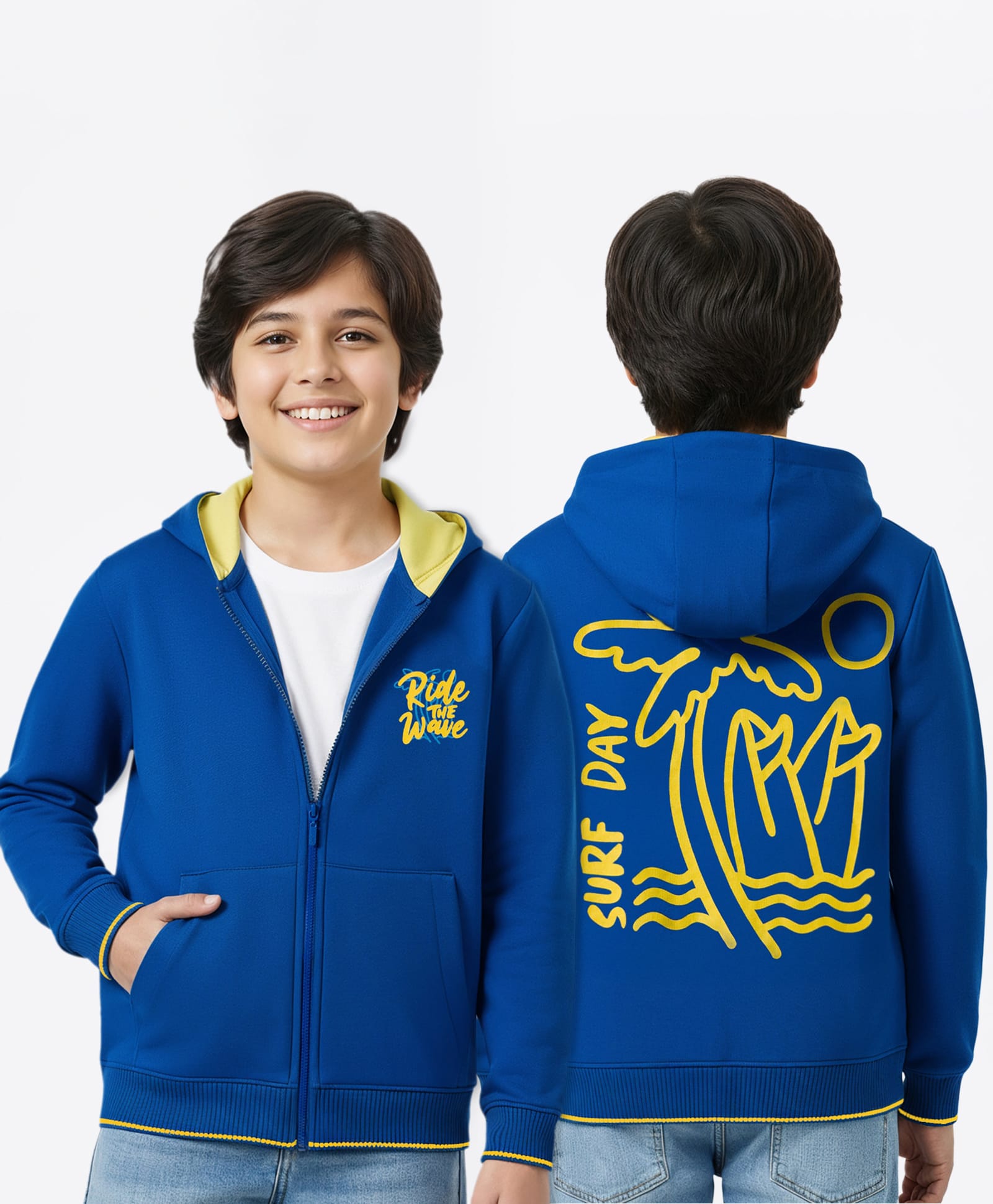 Pine Kids Knit Full Sleeves Hooded SweatJacket with Text Graphic & Kangaroo Pocket - Blue-picture-18