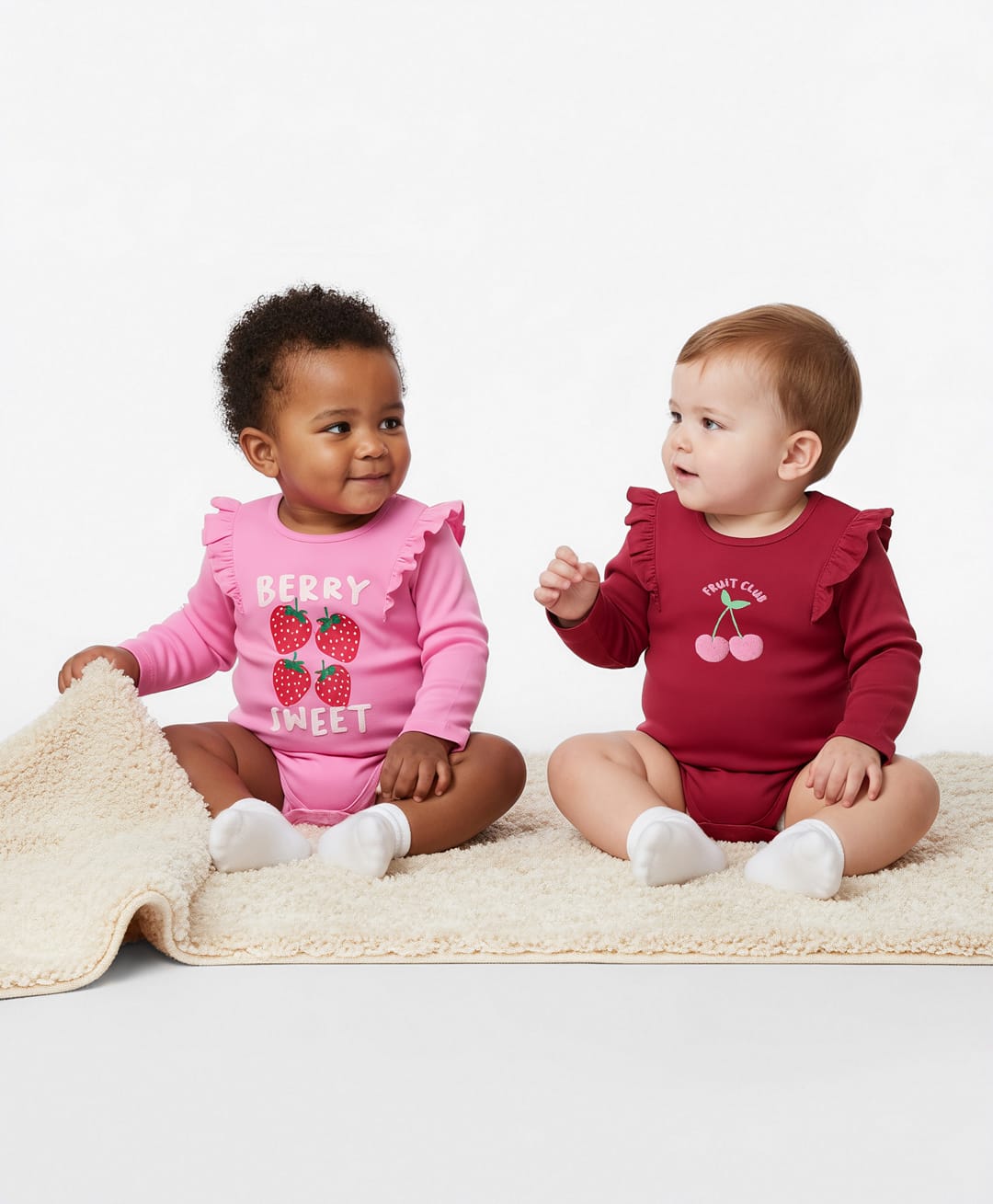 Bonfino 100% Cotton Knit Full Sleeves Onesies with Fruit Print & Frill Detailing Pack of 2 - Red & Pink-picture-2