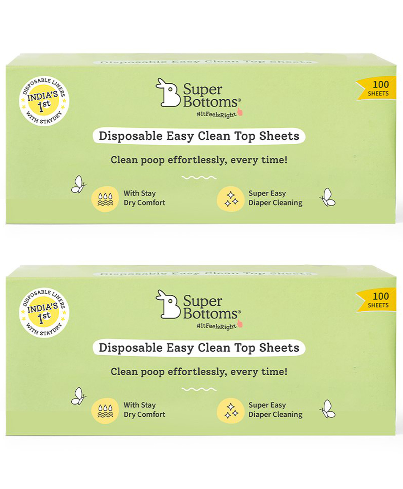 SuperBottoms Disposable Easy Clean Top Sheets l Diaper Liners l Hypoallergenic l (100 Per Pack) Pack of 2