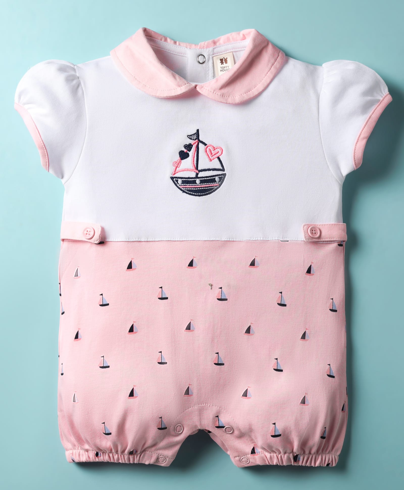ToffyHouse Kinitted Half Puffed Sleeves Romper with Ship Print & Embroidery - Pink & White-picture-32