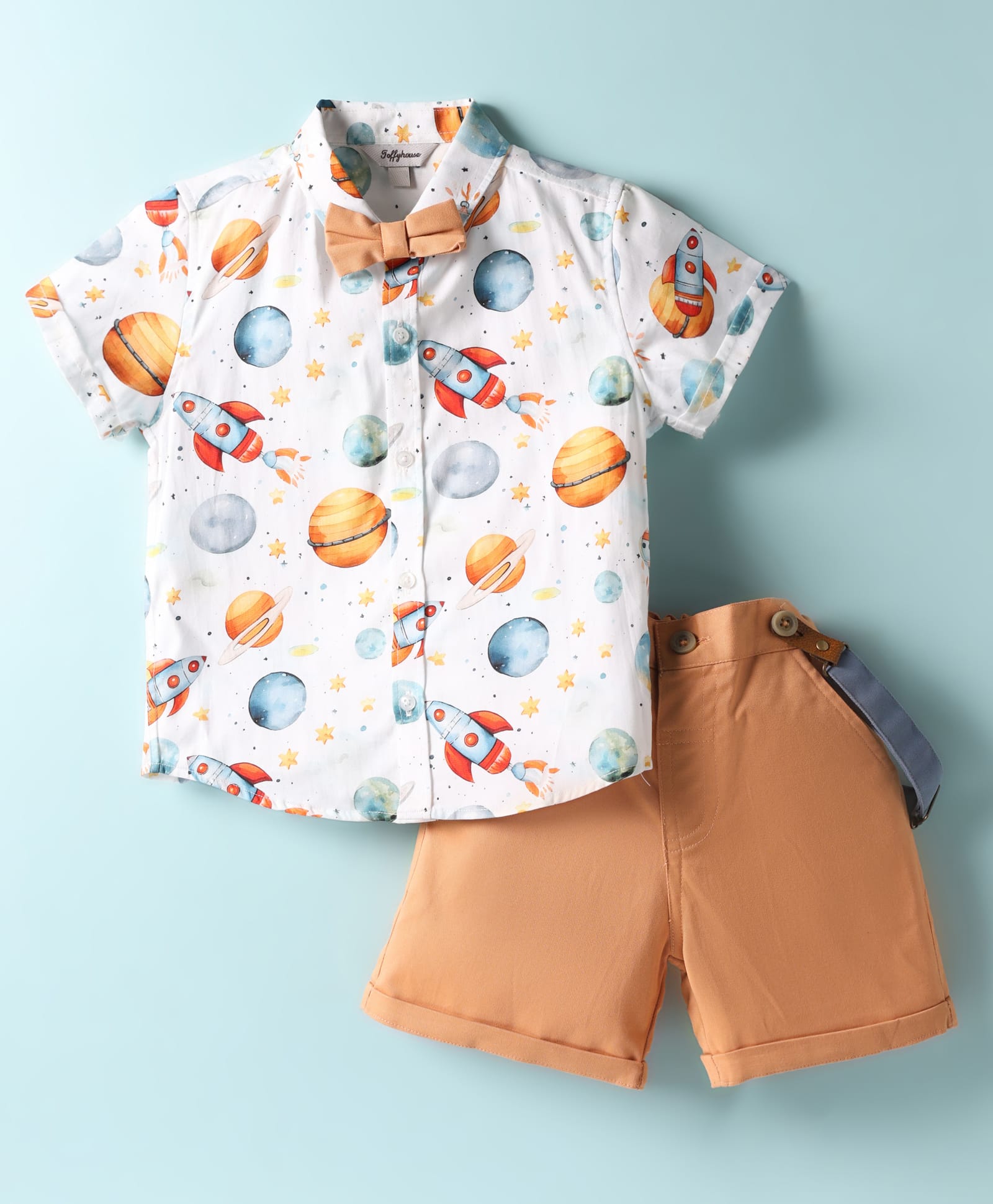 ToffyHouse Poplin Woven Half Sleeves Space Theme Printed Shirt & Shorts Set With Bow & Suspender - White & Peach-image-35