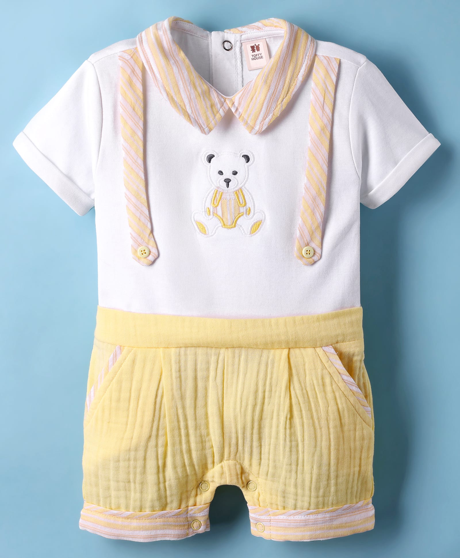 ToffyHouse Knitted Woven Half Sleeves Romper With Bear Embriodery - Golden-image-3