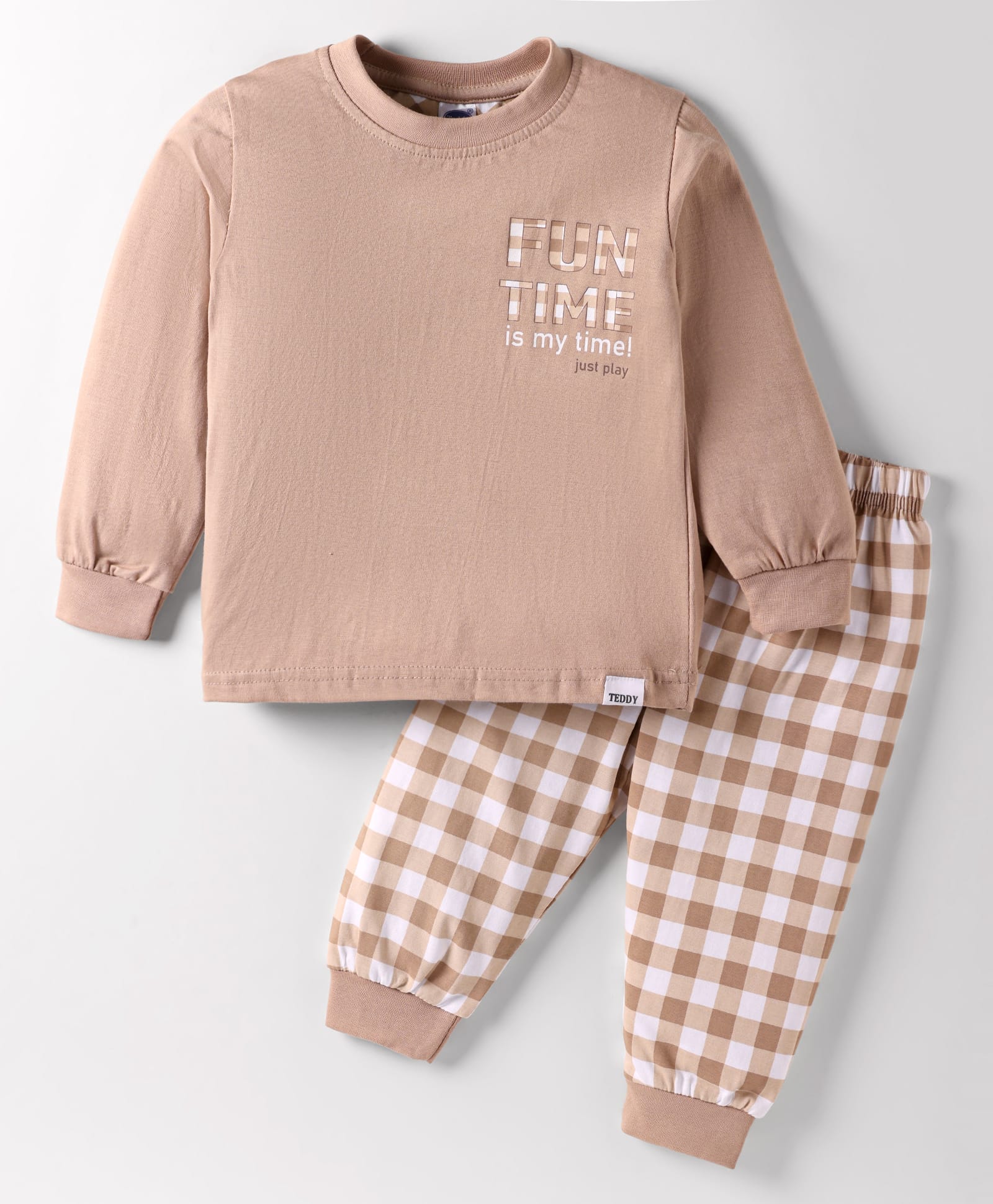 Teddy Sinker Knit Full Sleeves Night Suit with Checks & Fun Time Text Print - Light Brown-image-12