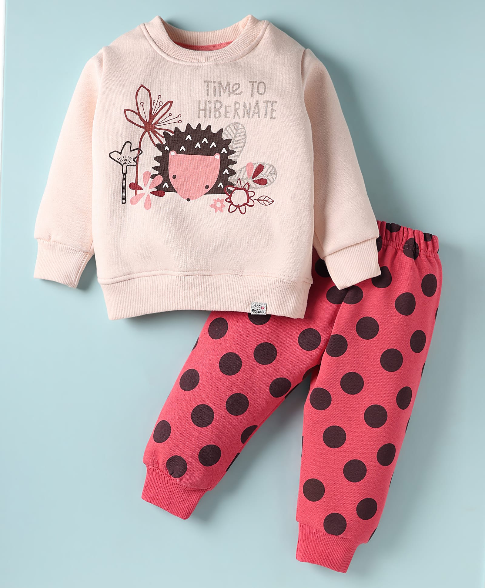 Teddy Sinker Knit Full Sleeves Night Suit With Text Print - Pink-picture-40