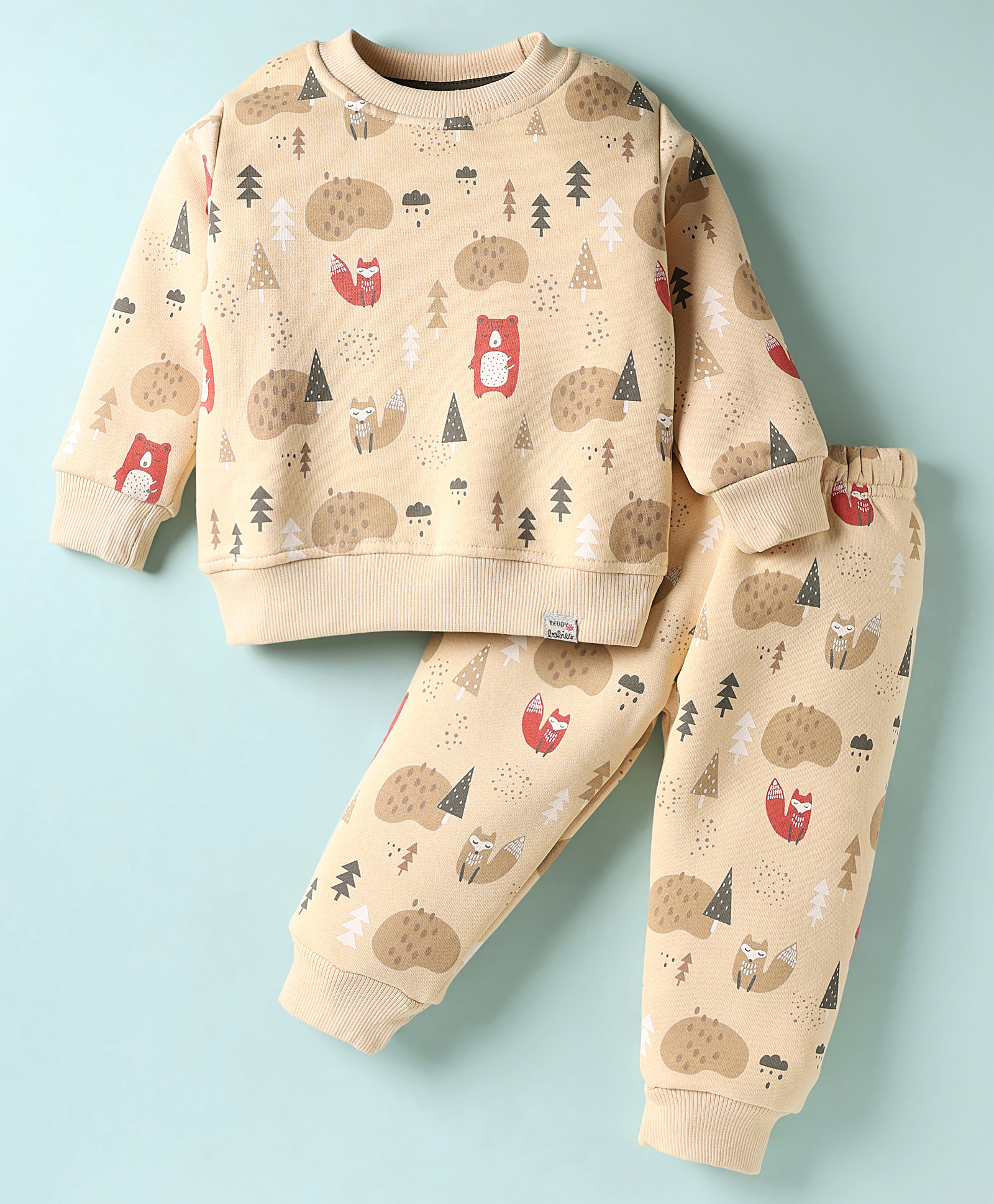Teddy Fleece Knit Full Sleeves Co-ords Winter Wear Night Suit With Animal Print - Tan-image-36