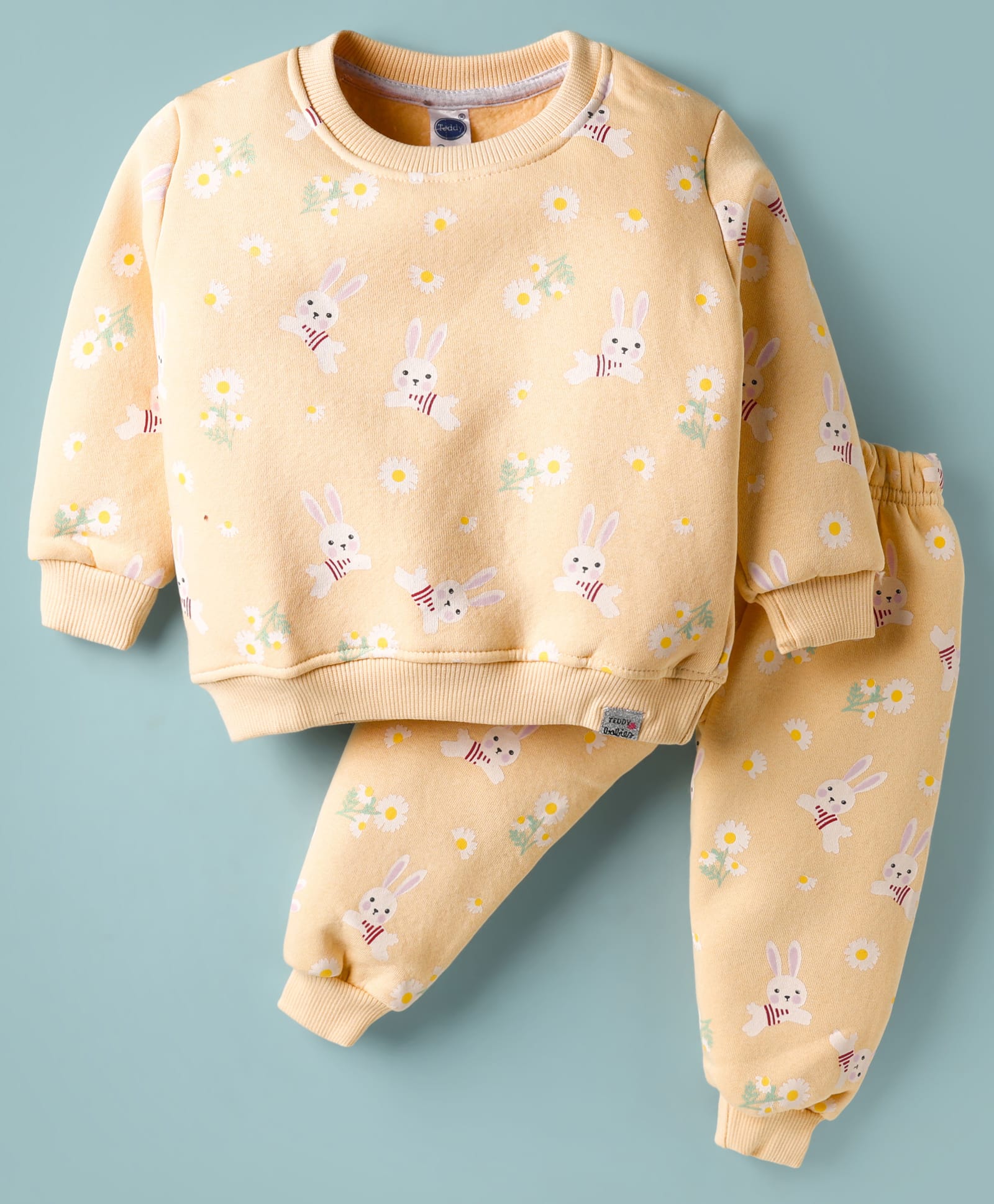 Teddy Knit Full Sleeves Co-ords Fleece Winter Night Suit with Bunny & Floral Print - Yellow-picture-5