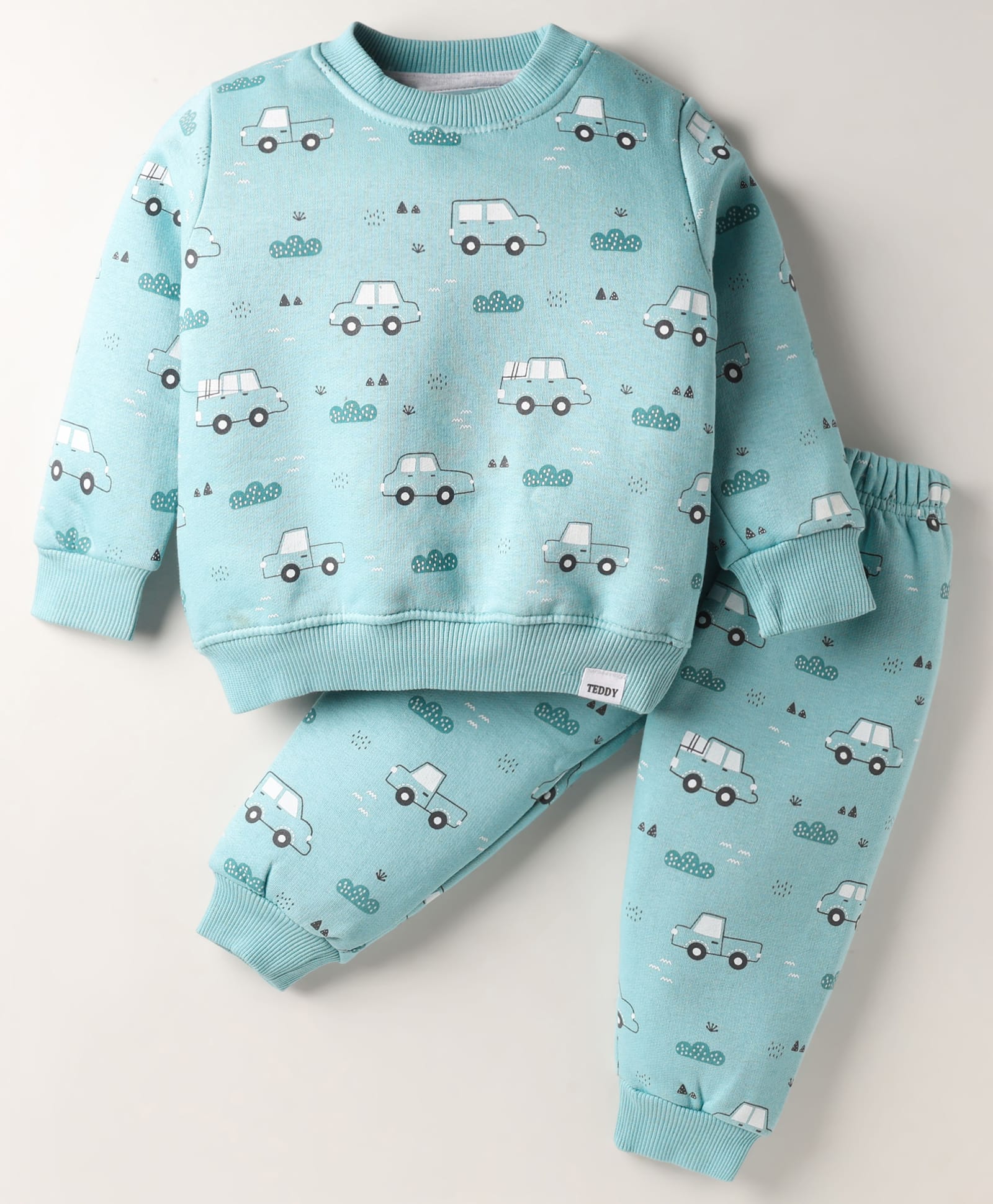 Teddy Knit Full Sleeves Co-ords Fleece Winter Night Suit with Car Print - Light Blue-picture-42
