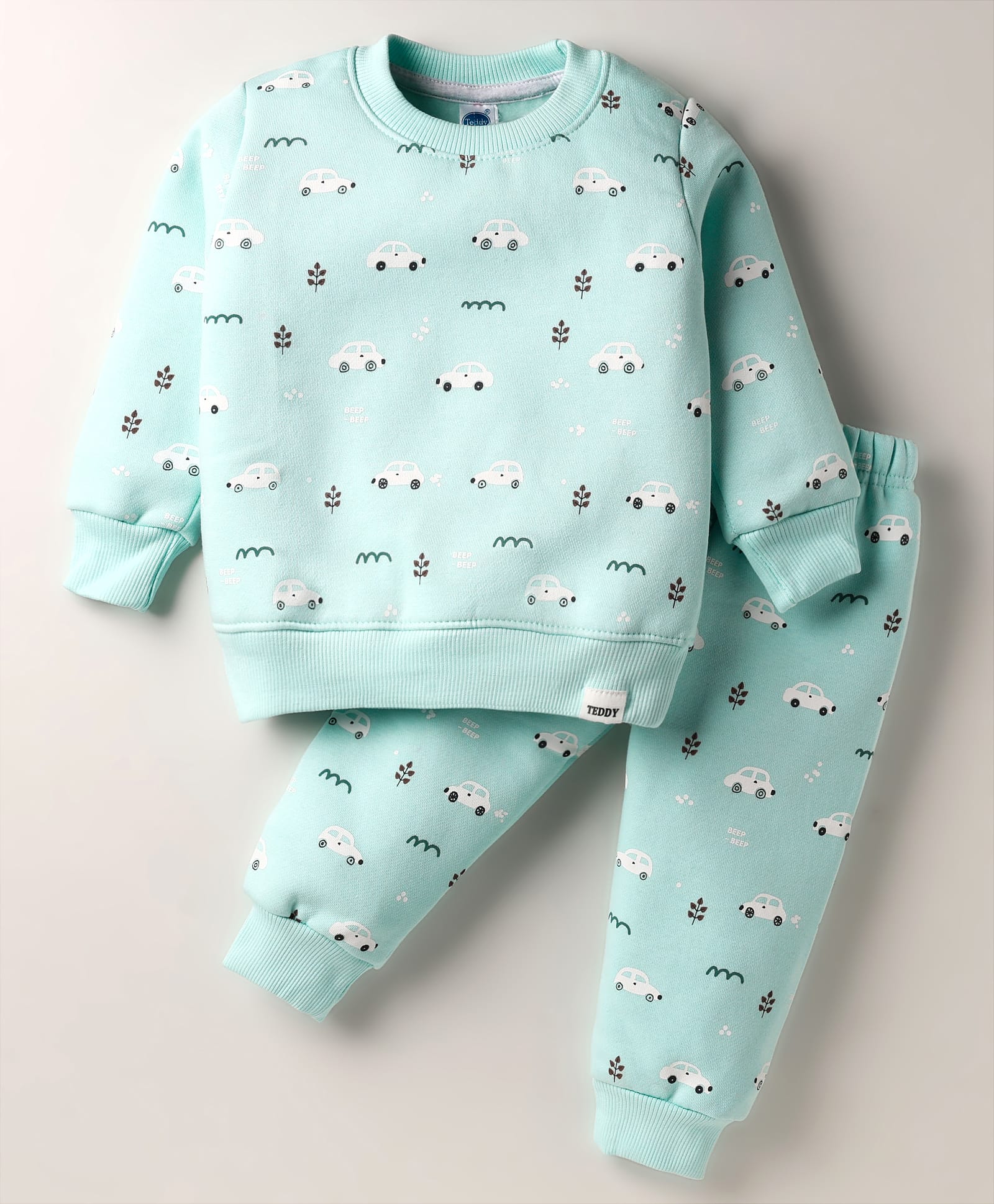 Teddy Knit Full Sleeves Co-ords Fleece Winter Night Suit with Car Print - Sea Green-image-11