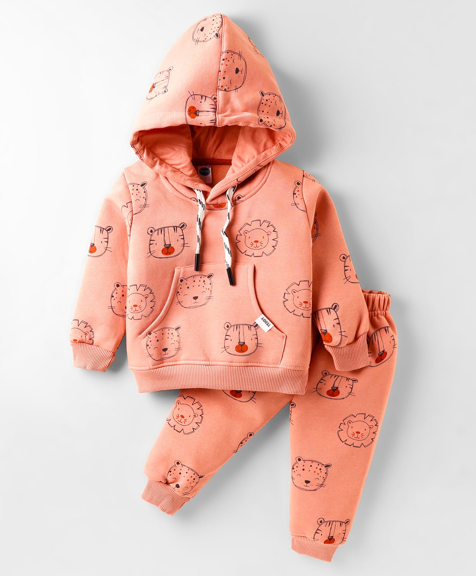 Teddy Knit Full Sleeves Hooded Co-ords Fleece Winter Wear Night Suit with Animal Print - Peach-image-31