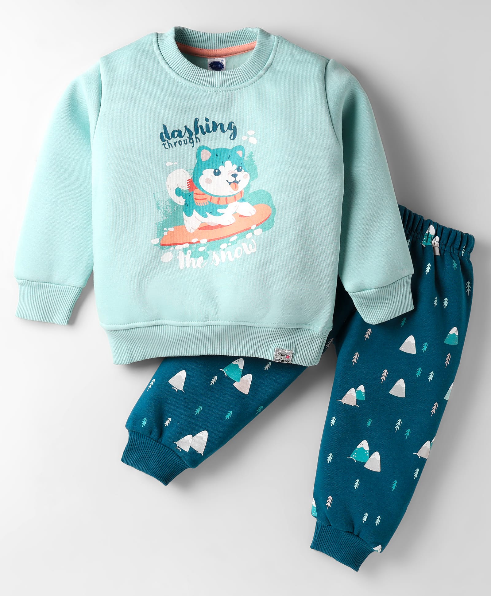 Teddy Fleece Knit Full Sleeves Animal Printed Winter Night Suit - Teal Blue-image-9