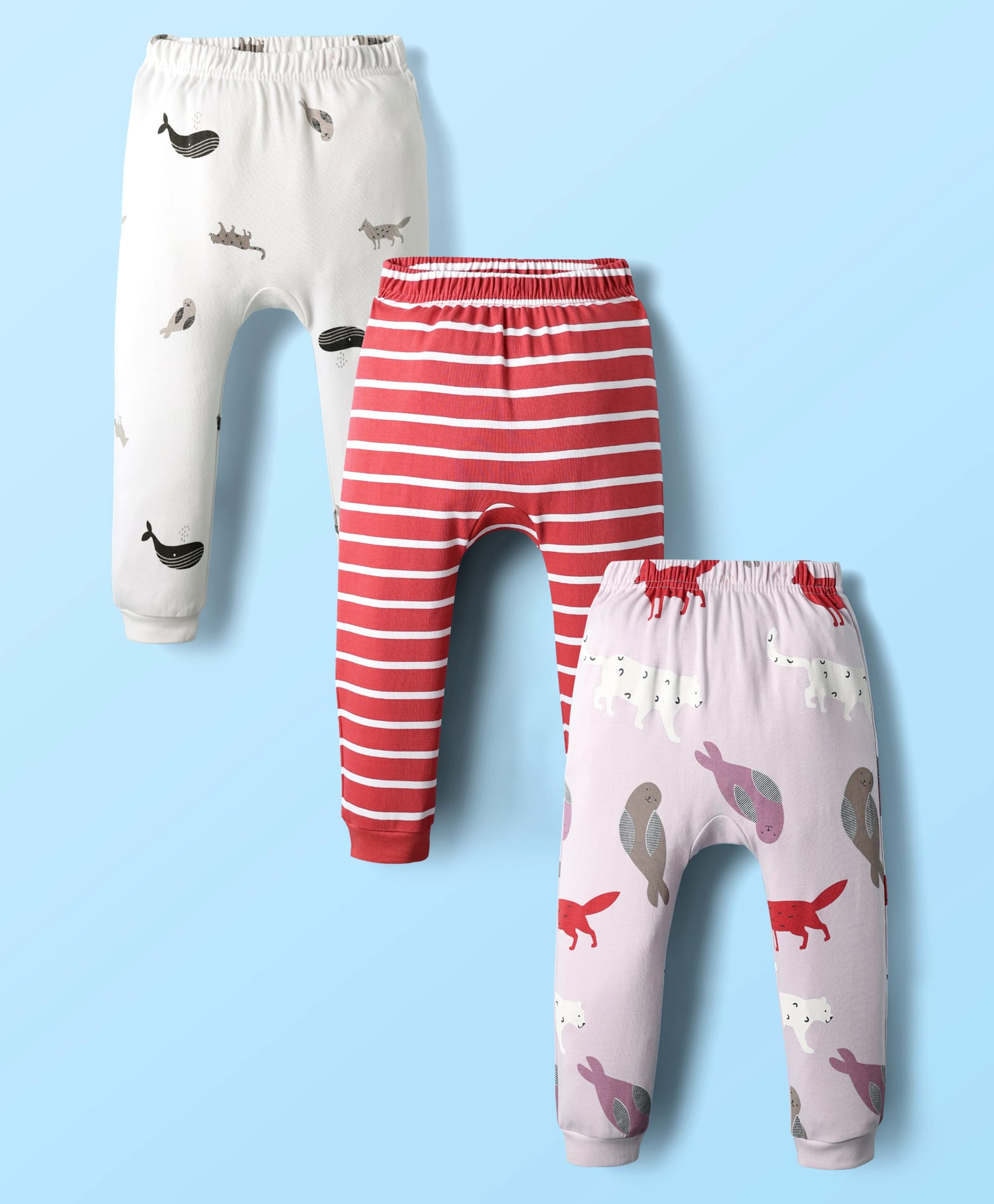 Kookie Kids Interlock Knit Diaper Leggings with Stripes & Sea Life Print Pack of 3 - Red & White-image-4
