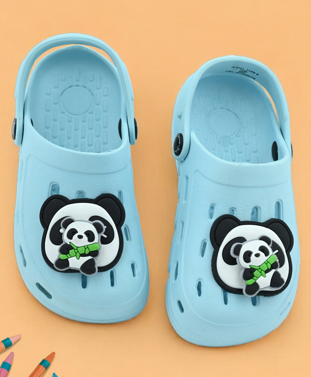 Yellow Bee Perforated Clogs With Panda & Bamboo Charms - Blue-image-33