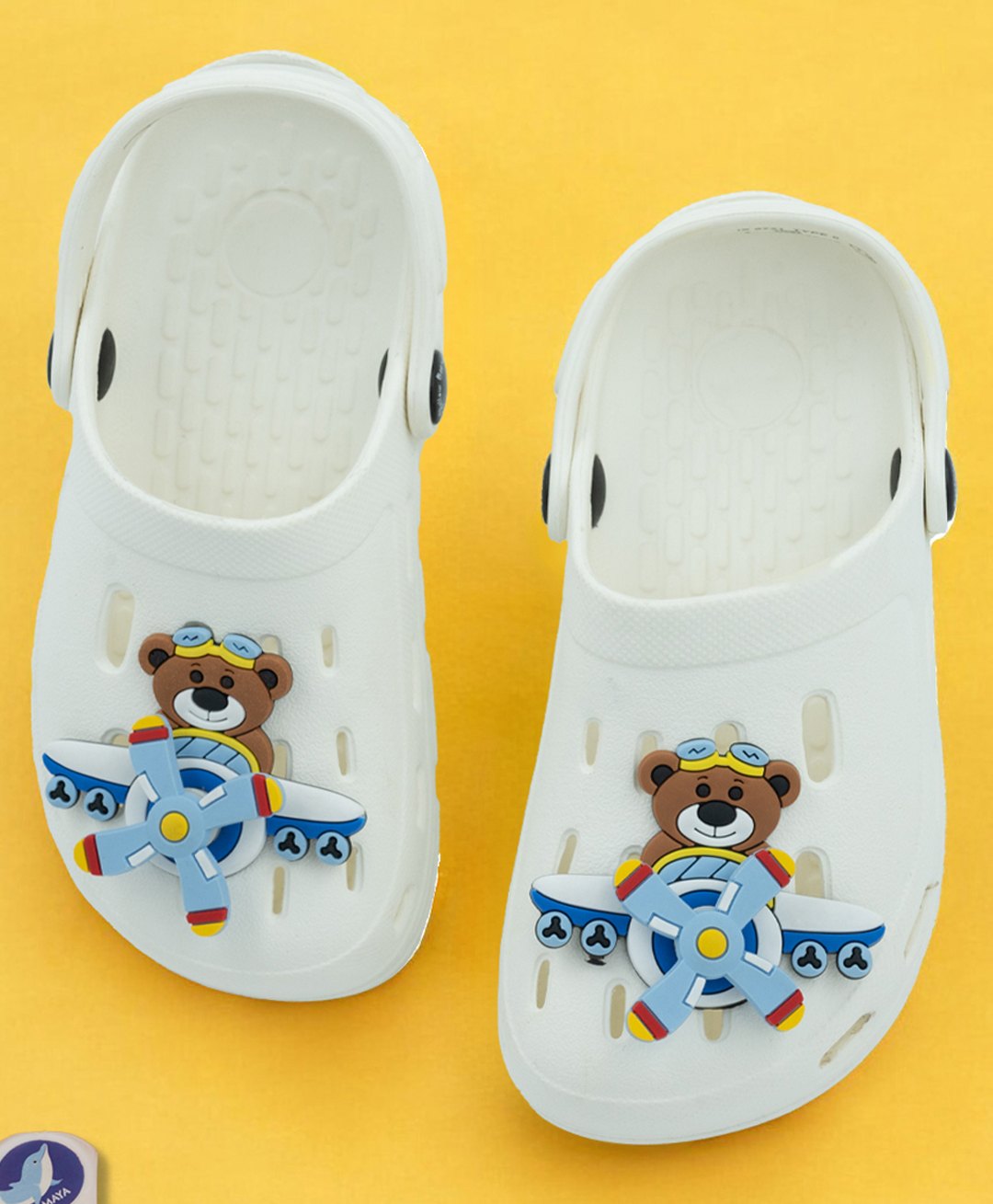 Yellow Bee Perforated Clogs With Aeroplane Charms - White-picture-16