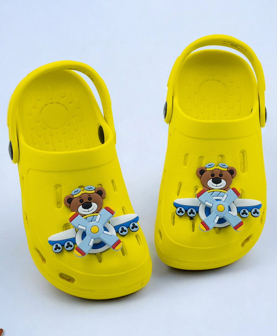 Yellow Bee Perforated Clogs With Aeroplane Rotating Charms - Yellow-image-19