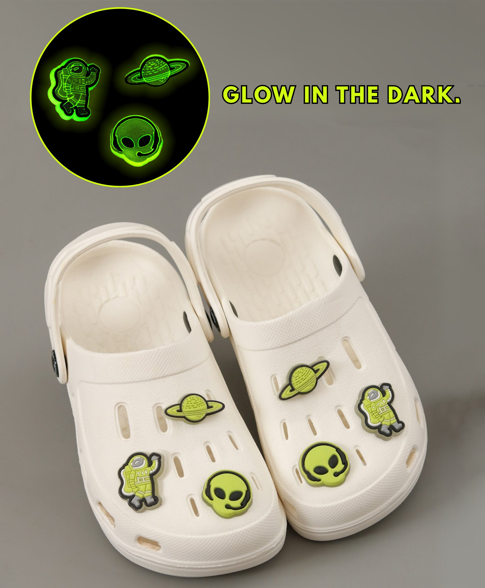 Yellow Bee Solid Perforated Clogs With Alien & Space Charms - White-picture-22