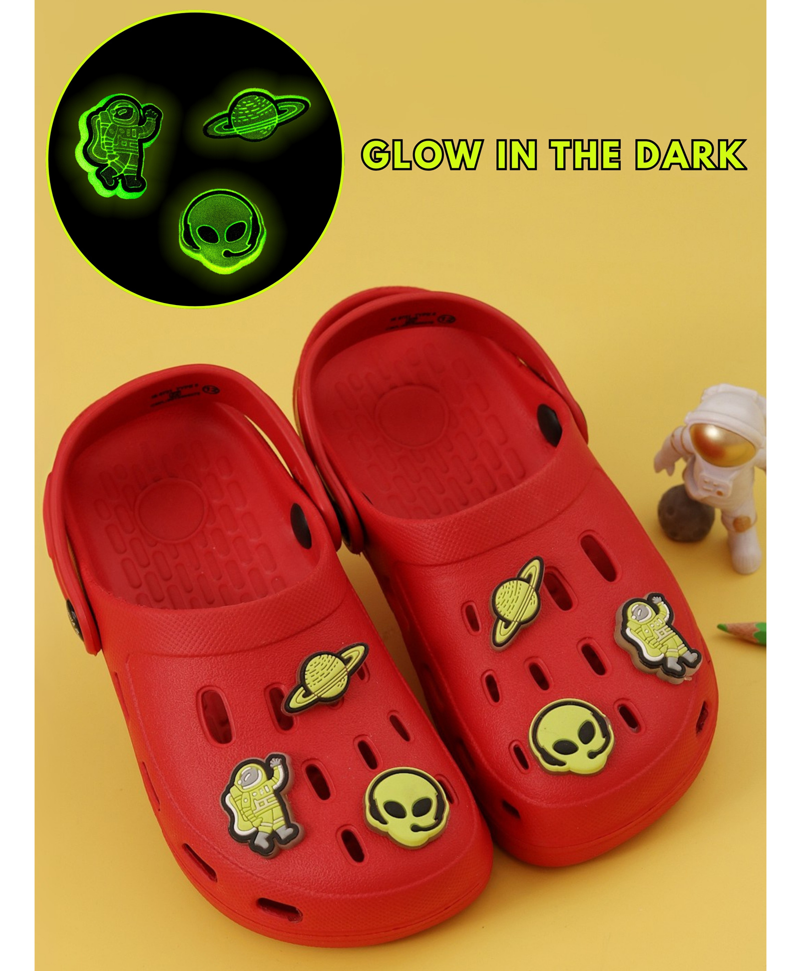 Yellow Bee Solid Perforated Clogs With Alien & Space Charms - Red-picture-39