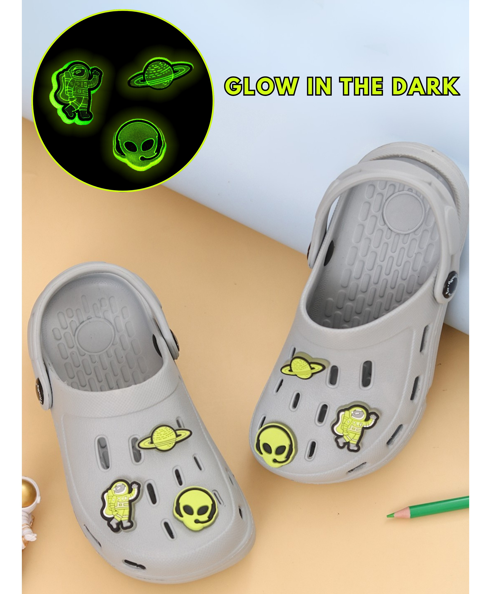 Yellow Bee Solid Perforated Clogs With Alien & Space Charms - Grey-picture-20