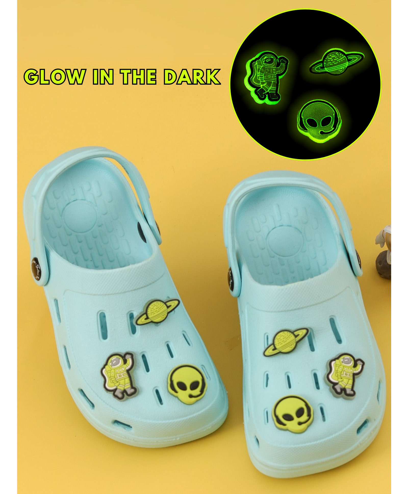 Yellow Bee Solid Perforated Clogs With Alien & Space Charms - Blue-picture-32