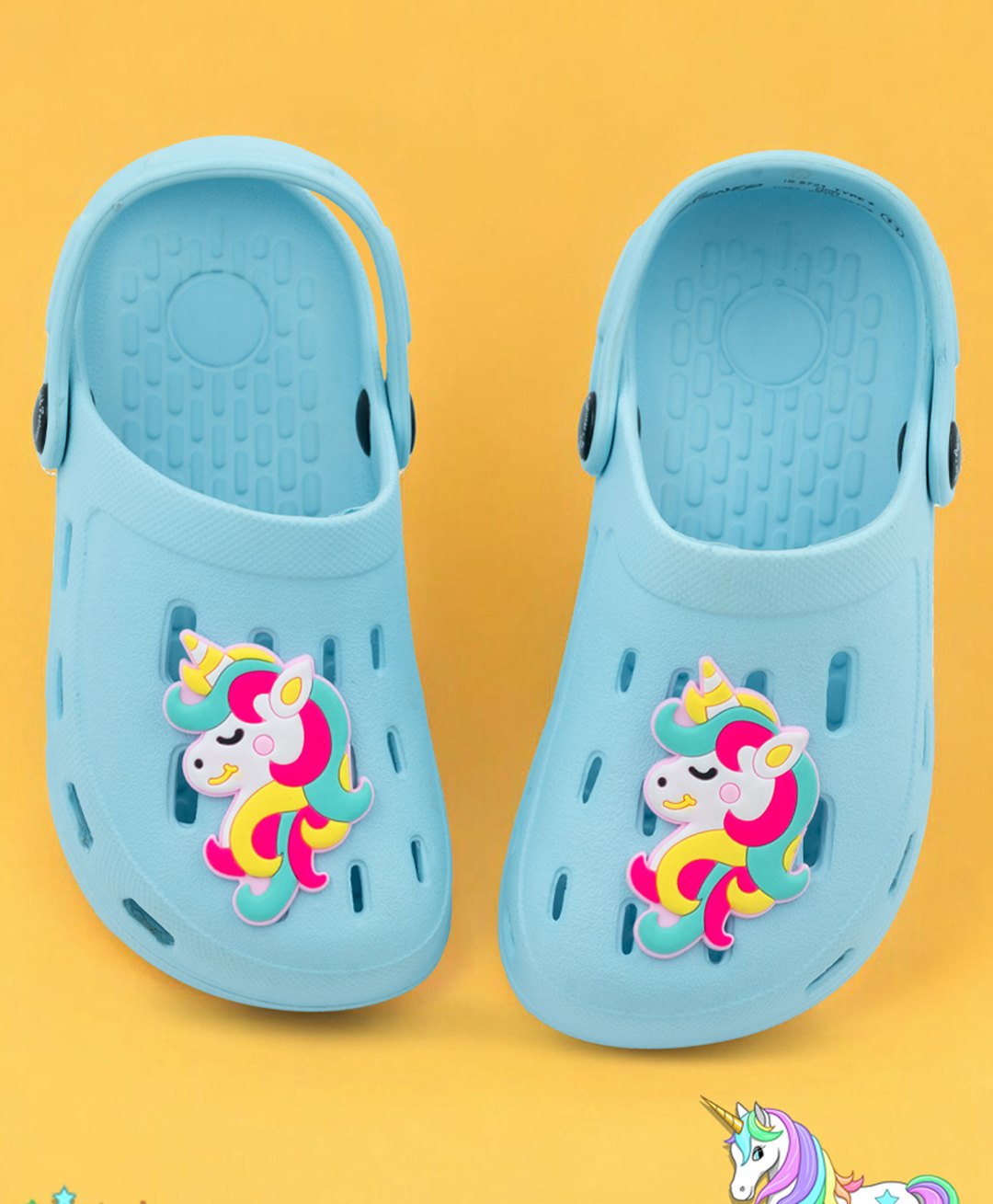 Yellow Bee Solid Perforated Clogs With Unicorn Charm - Blue-picture-34