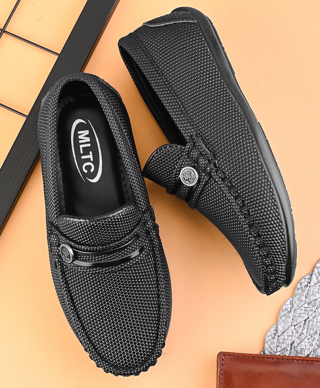 MLTC Self Design Textured Slip On Loafers - Black-image-8