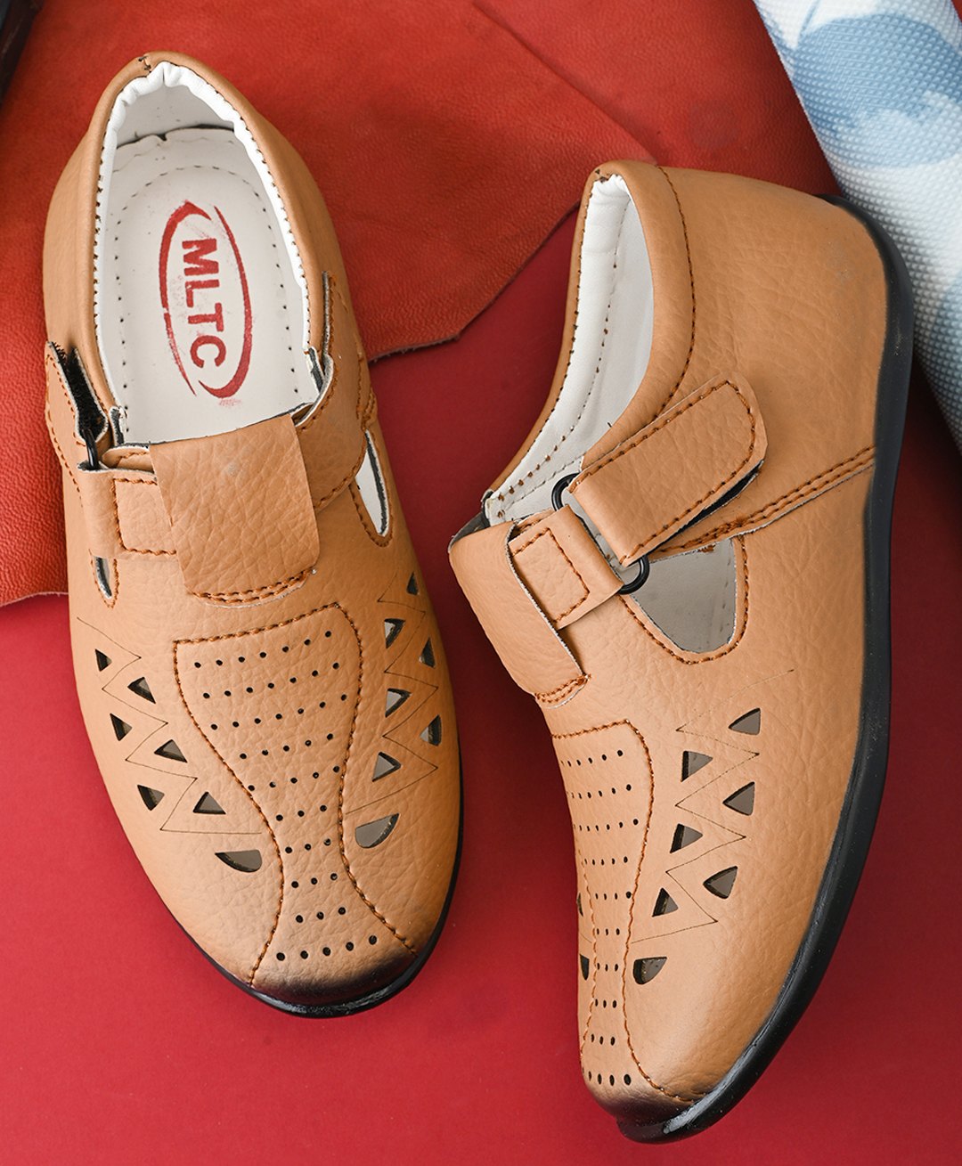 MLTC Perforated Solid Velcro Closure Roman Sandals - Tan-image-7