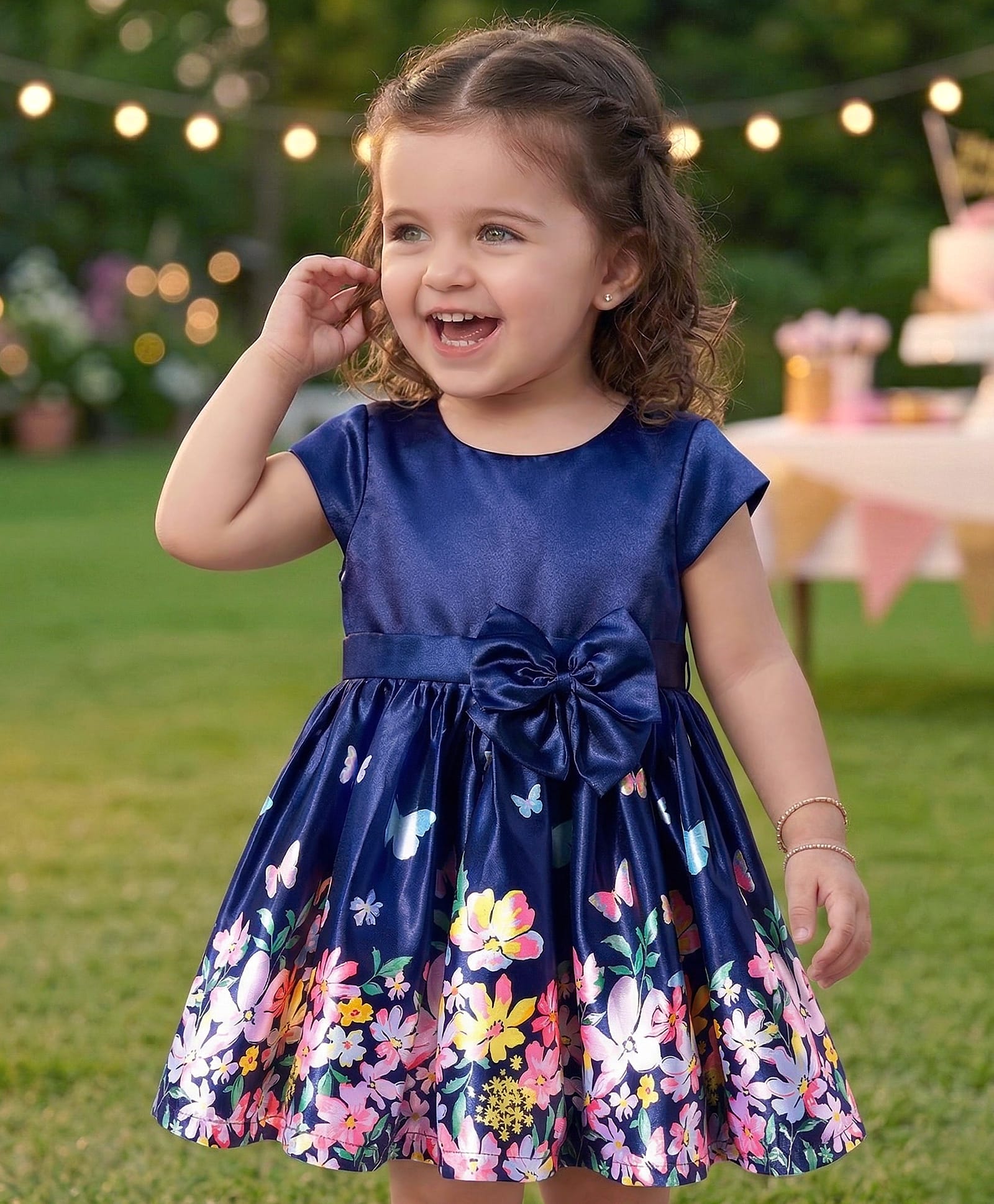 Babyoye Woven Sleeveless Floral & Butterfly Printed Party Dress With Bow Applique - Navy Blue-picture-38