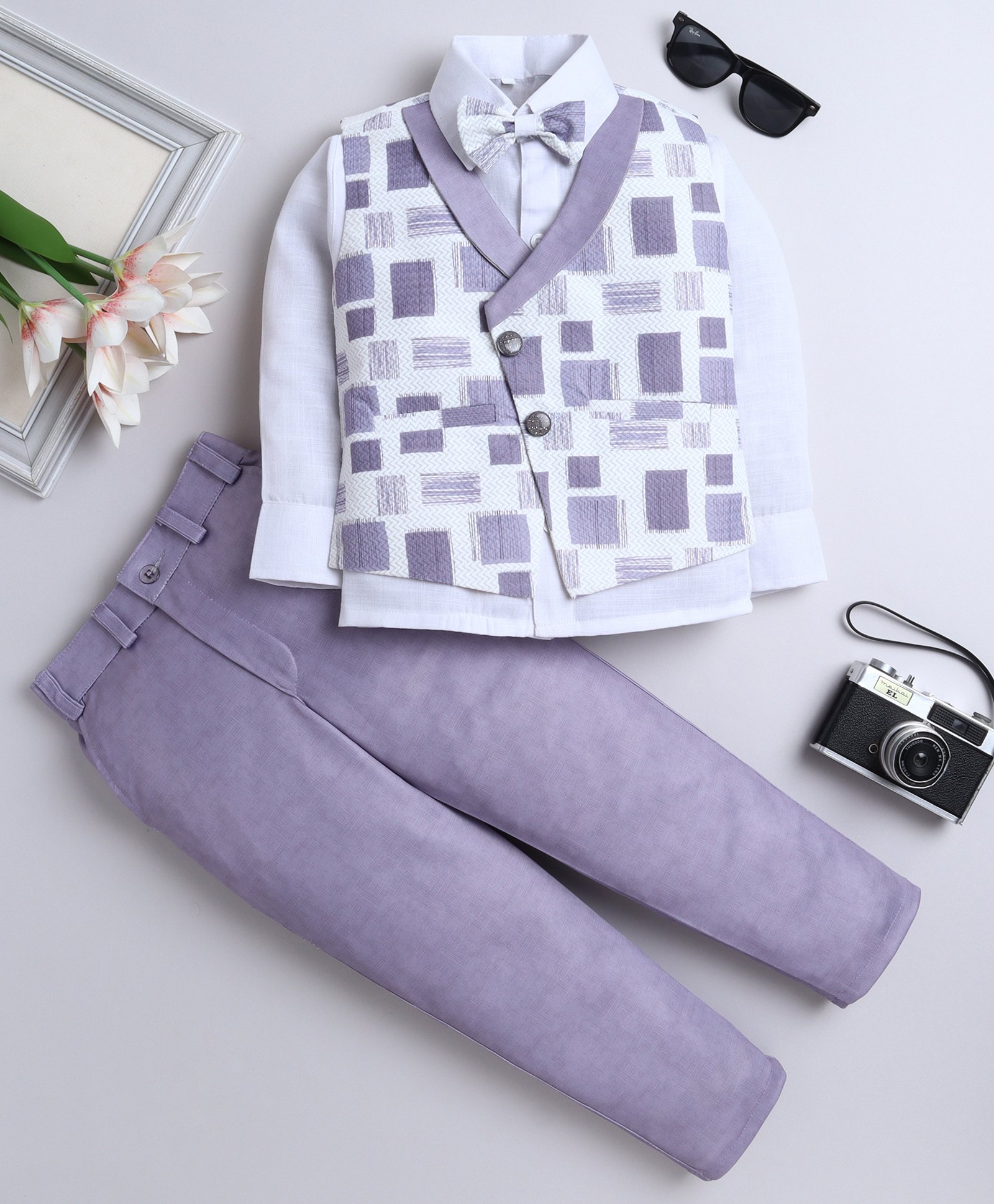 Fourfolds Woven Full Sleeves Chevron Embroidered Abstract Printed 3 Piece Party Suit Set With Bow - Purple-picture-12