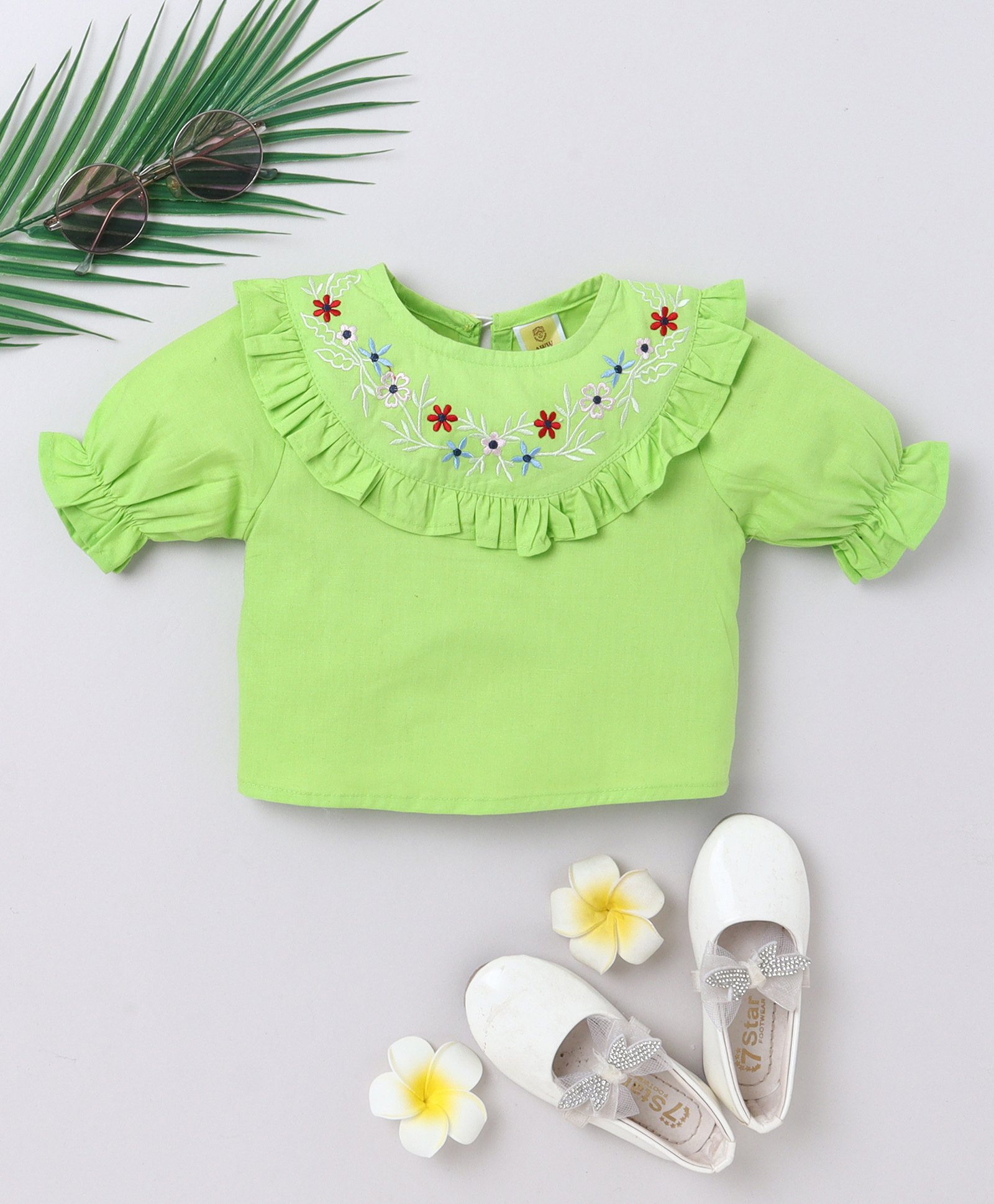 Aww Hunnie 100% Cotton Woven Half Peasant Sleeves Floral Embroidered Top - Green-picture-12