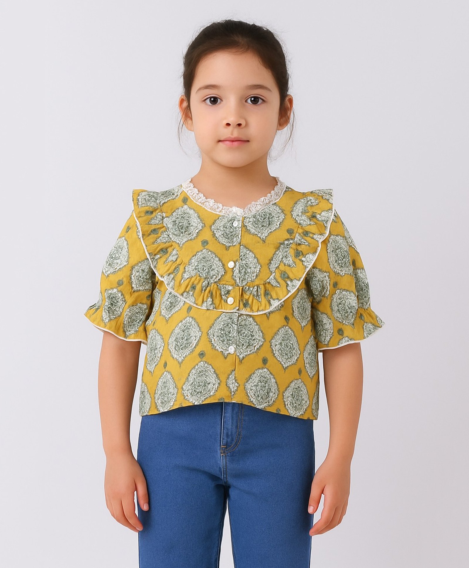 Aww Hunnie 100% Cotton Woven Half Peasant Sleeves Floral Motifs Printed Top - Mustard-image-48