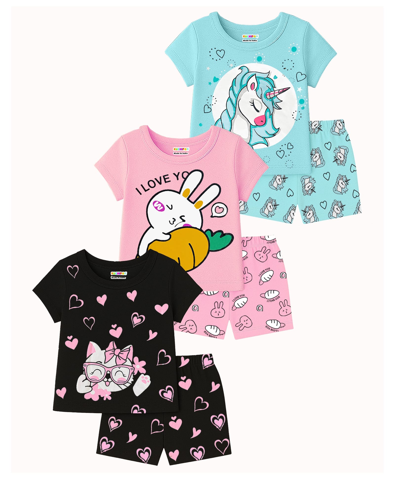 KUCHIPOO Cotton Knit Pack Of 3 Half Sleeves Cute Animals & Heart Printed Tees & Coordinating Shorts Set - Black Pink & Teal Blue-picture-15
