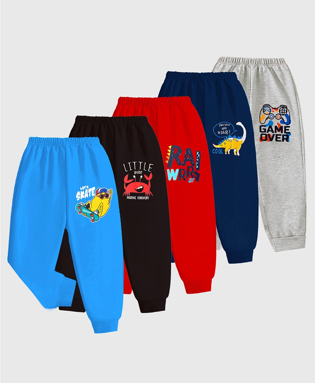 KUCHIPOO Cotton Knit Pack Of 5 Animals Game Over Text Printed Pajamas - Black Grey Red Sky & Navy Blue-picture-40