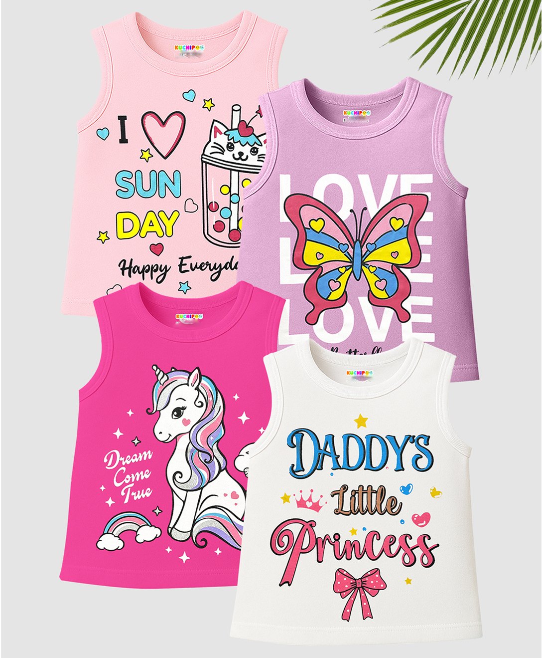 KUCHIPOO Cotton Knit Pack Of 4 Sleeveless Unicorn & Daddys Little Princess Text Printed Tees - Lilac White Peach & Dark Pink-image-36