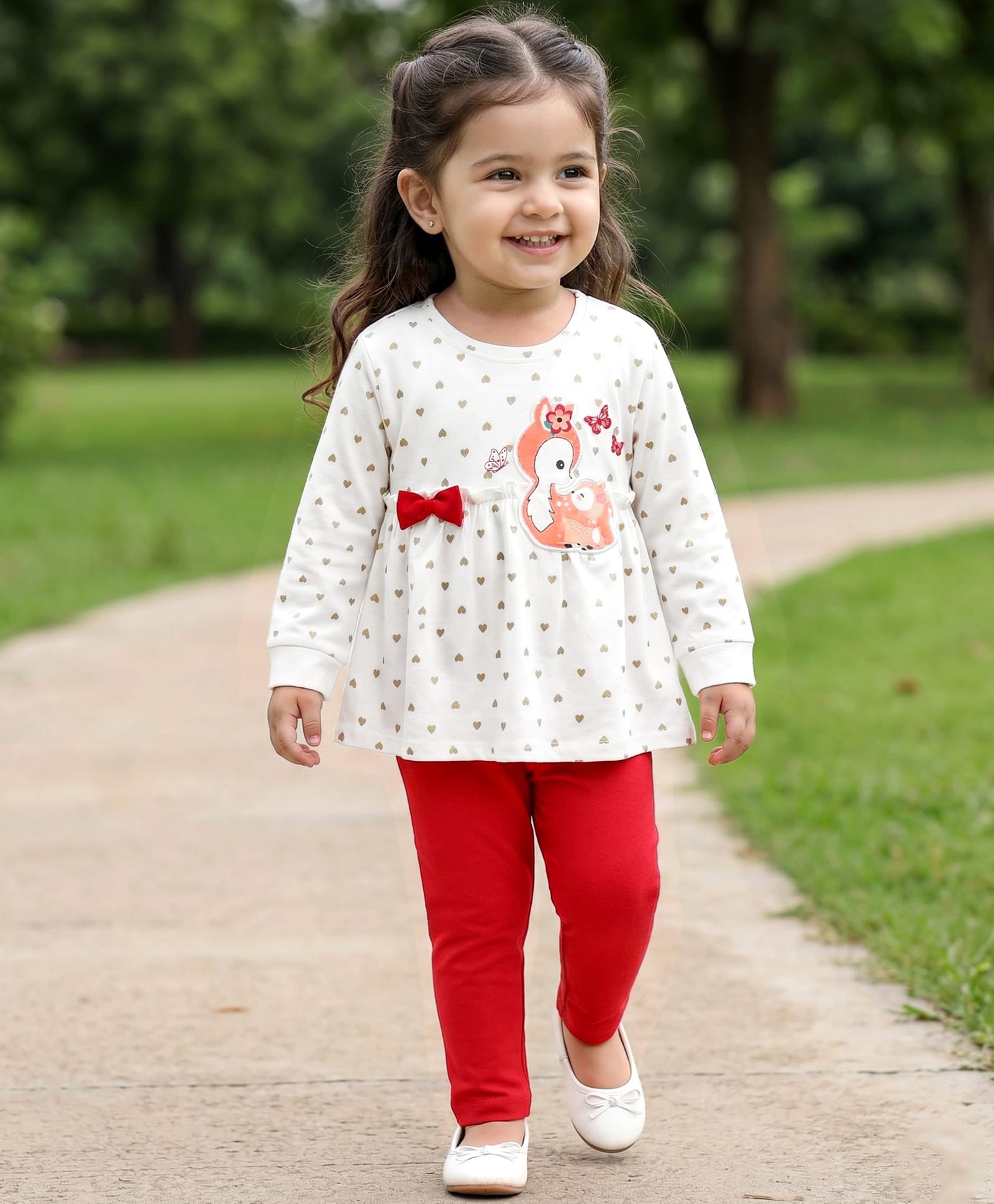 Babyhug Single Jersey Knit Full Sleeves Heart Printed Top & Leggings Set with Bow Applique & Patch Detailing - Red & White-picture-11