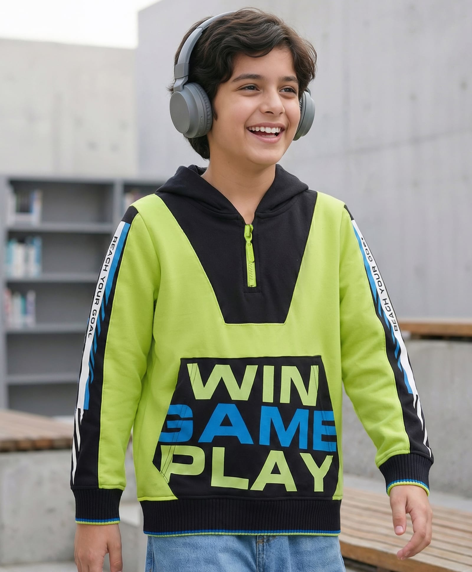 Pine Kids Full Sleeves Hooded Sweatshirt With Win Game Play Text & Kangaroo Pockets - Limegreen-picture-25