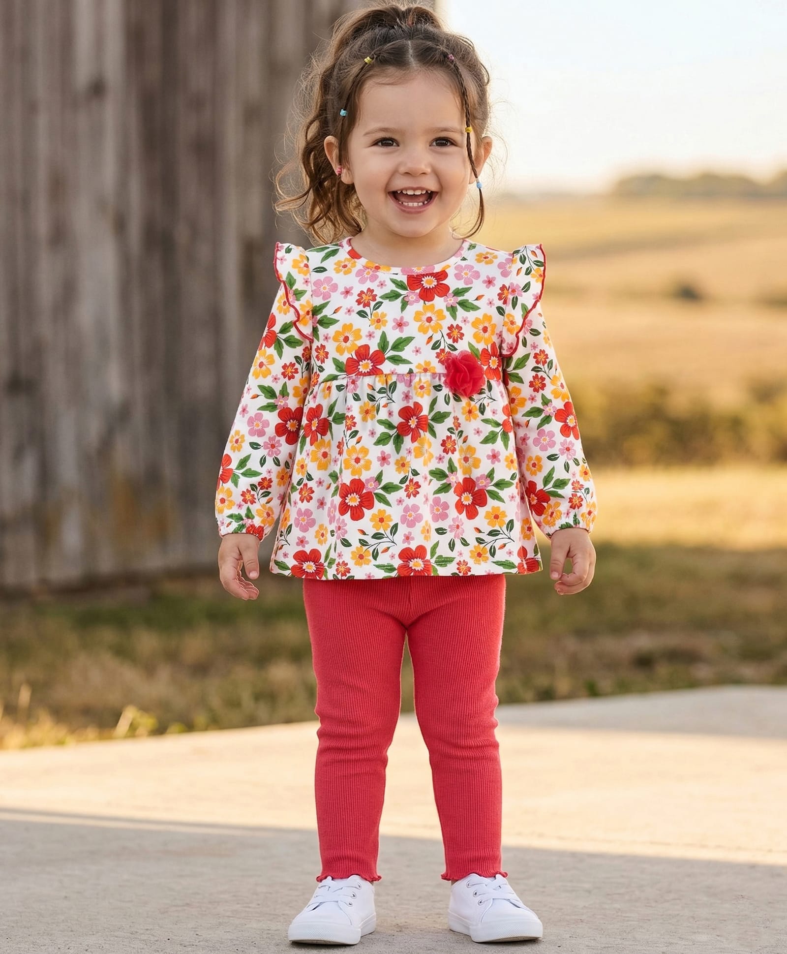 Babyhug Single Jersey Knit Full Sleeves Top & Leggings Set With Floral Print - Red & White-picture-35