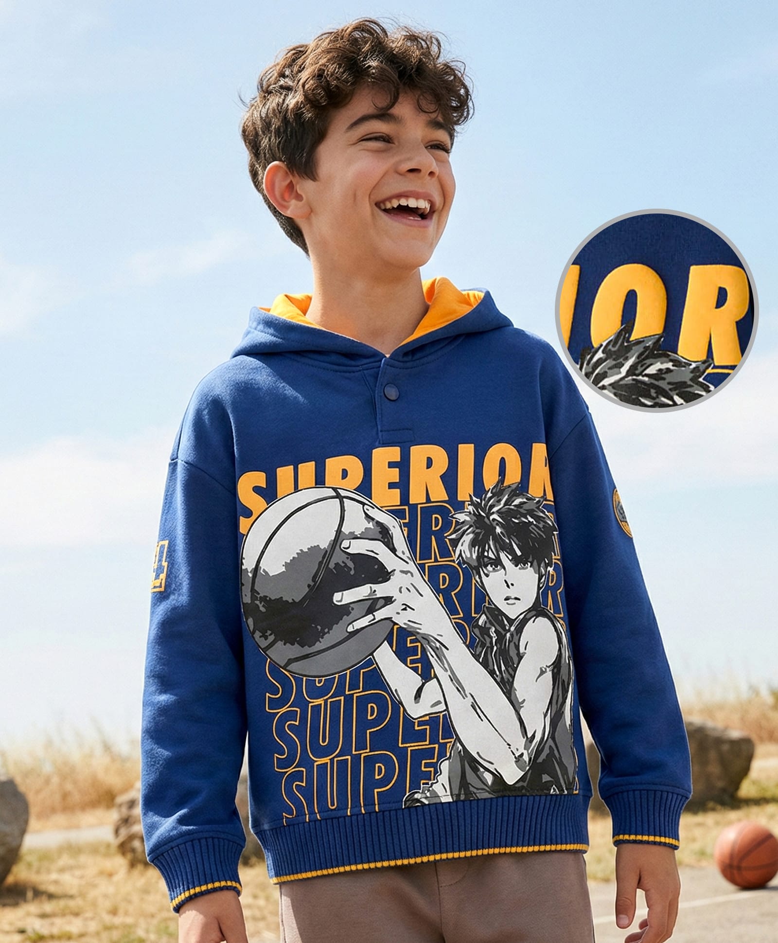 Pine Kids Knit Full Sleeves Hooded Sweatshirt With Basketball Print - Navy Blue-picture-38