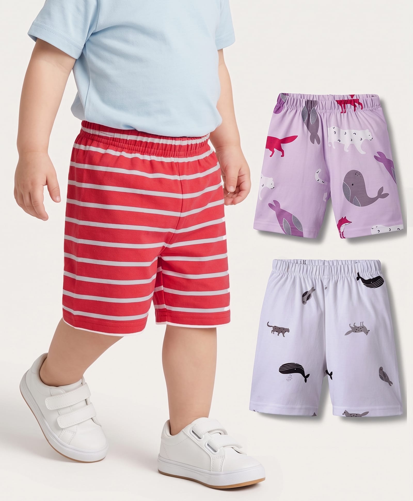 kookie kids india Kookie Kids Single Jersey Knit Stripes Animal & Sea Life Printed Shorts Pack Of 3 - Multi Colour-picture-13