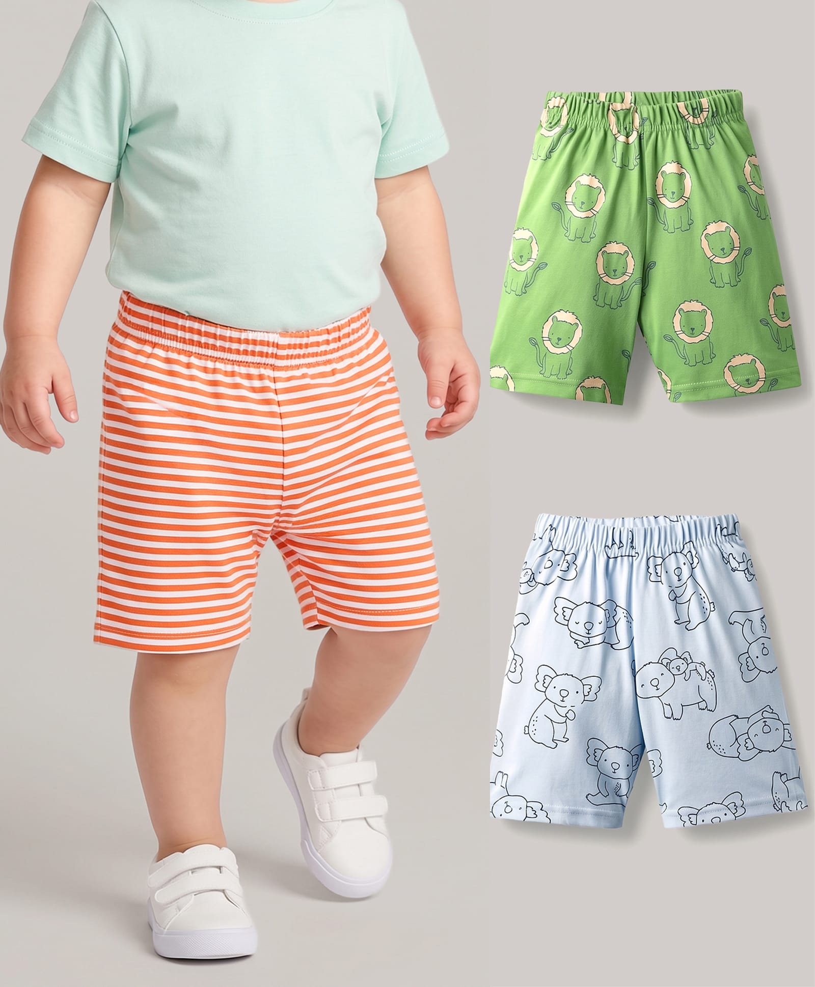 Kookie Kids Single Jersey Knit Stripes & Animal Printed Shorts Pack Of 3 - Multi Colour-image-46