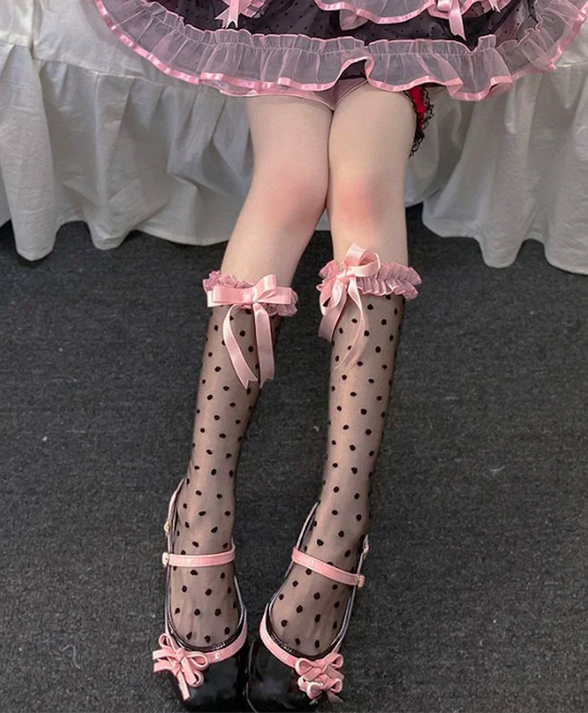 Flaunt Chic Cotton Polka Dots Designed Bow Applique Detailed Socks - Black-picture-47
