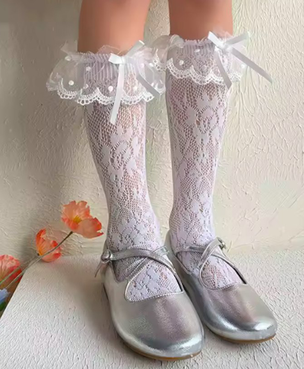 Flaunt Chic Cotton Bow Applique Detailed Floral Designed Socks - White-image-35