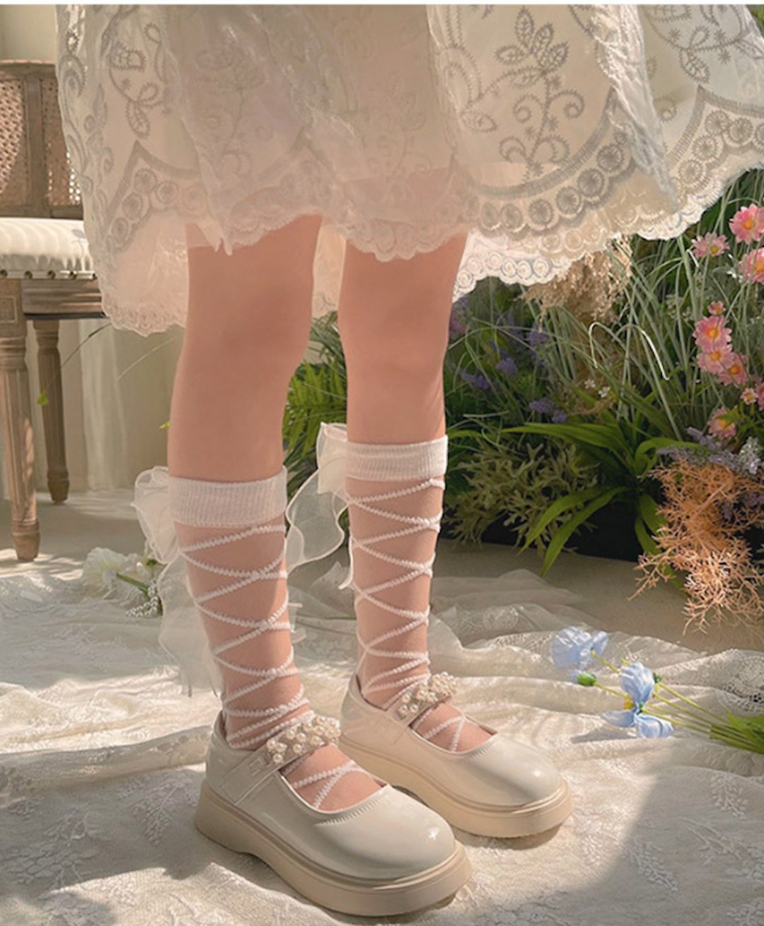 Flaunt Chic Cotton Criss Cross Designed & Bow Applique Detailed Socks - White-picture-18