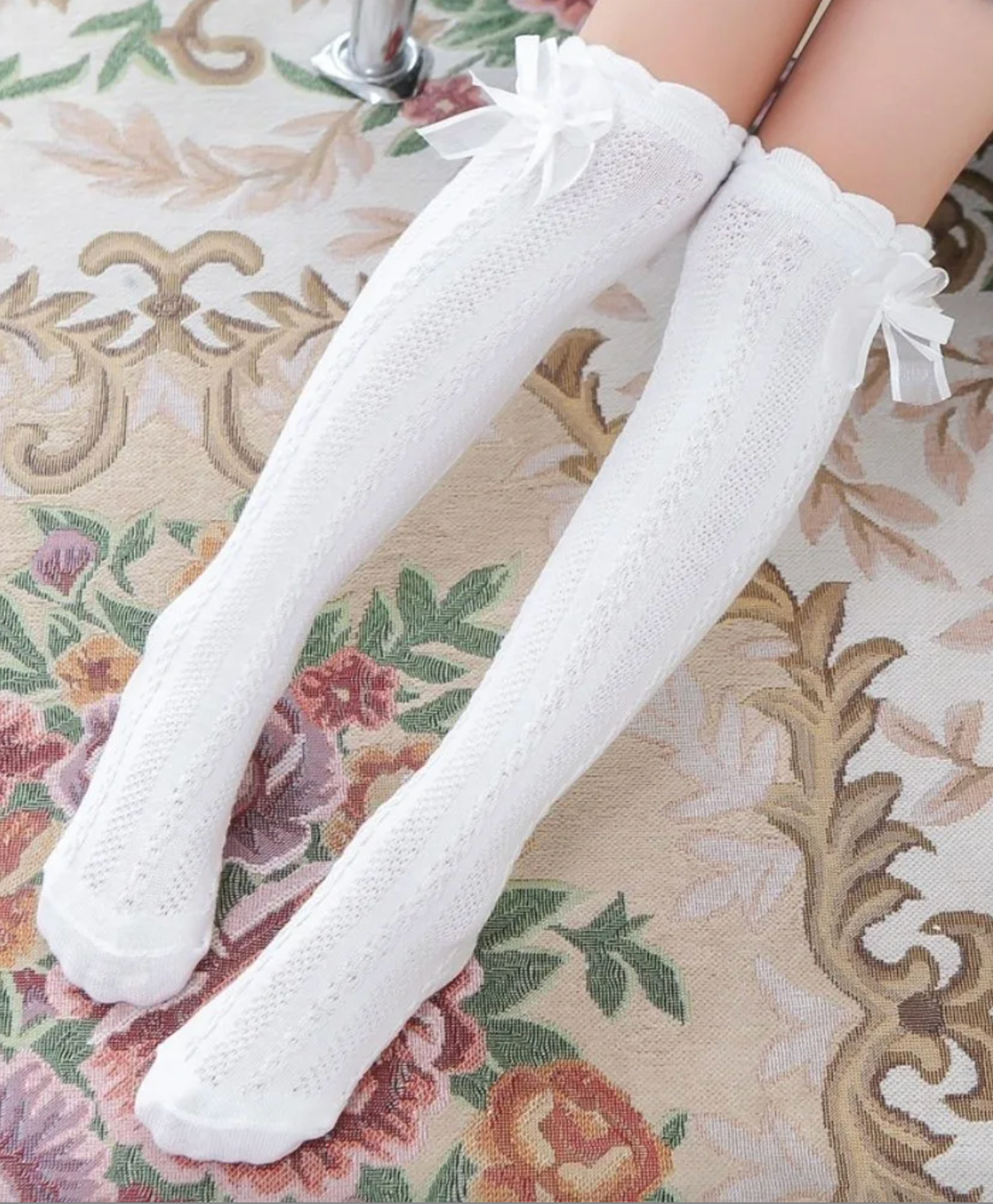 Flaunt Chic Cotton Self Design & Bow Applique Detailed Socks - White-picture-27