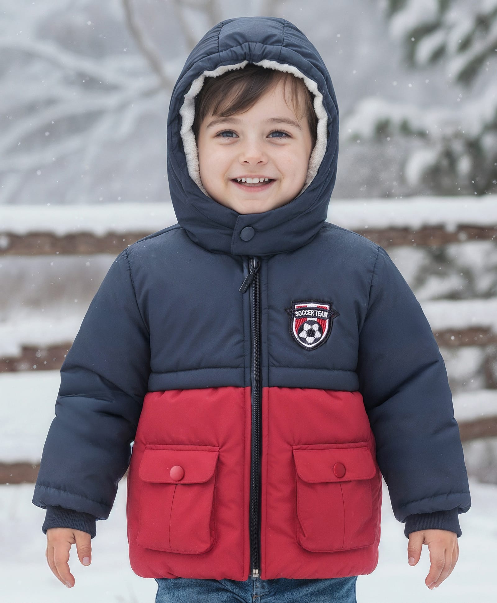 Babyoye Knit Full Sleeves Padded Hooded Jacket with Patch Detailing - Navy Blue & Red-image-24